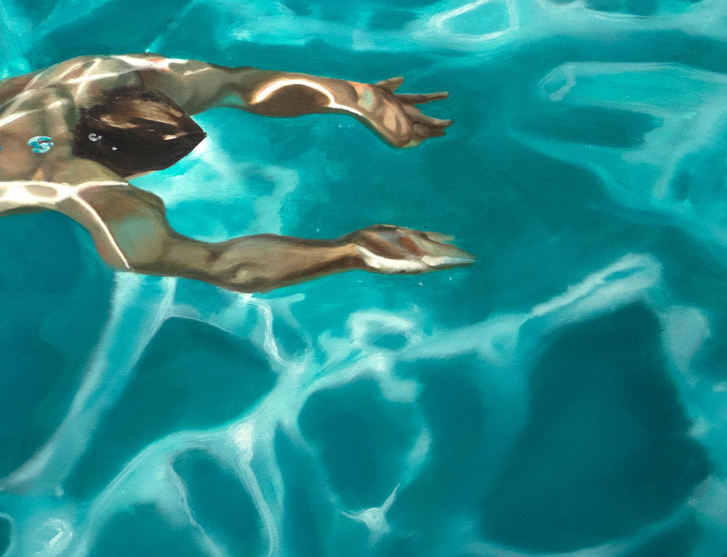 QUARANTINE IN BLUE, man underwater, swimming, pool, blue, photo-realism - Contemporary Painting by Eric Zener