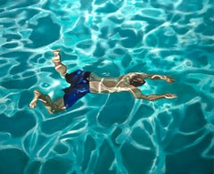 QUARANTINE IN BLAU, Mann unter Wasser, Schwimmen, Pool, Blau, Fotorealismus