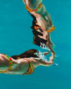 REJOINING AGAIN, underwater, bright blue, orange swimsuit, hyper-realism