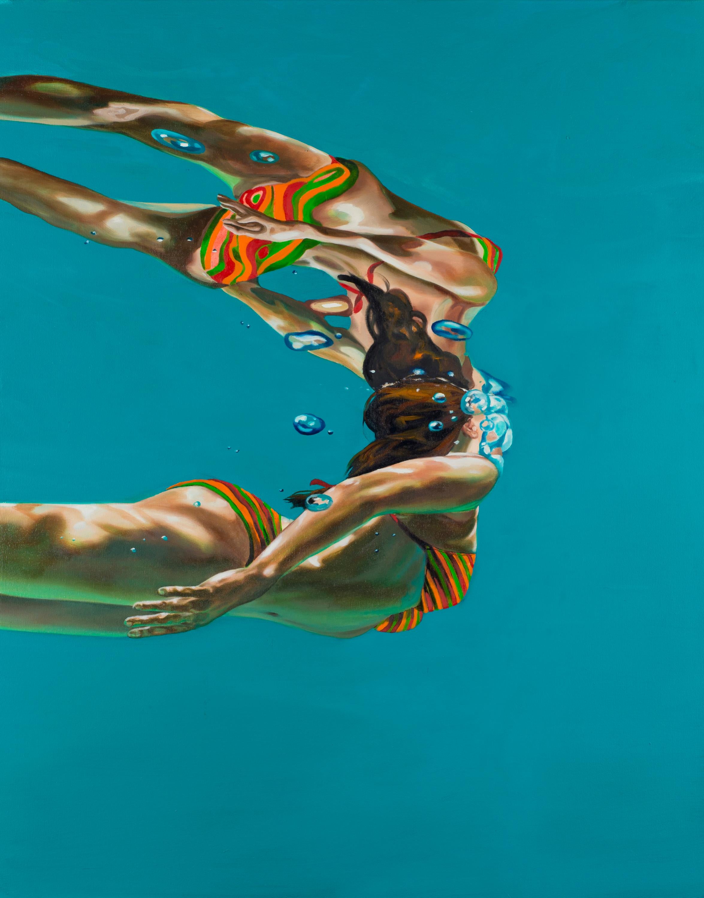 REJOINING AGAIN II, photo-realism, women swimming underwater, orange bikini - Painting by Eric Zener