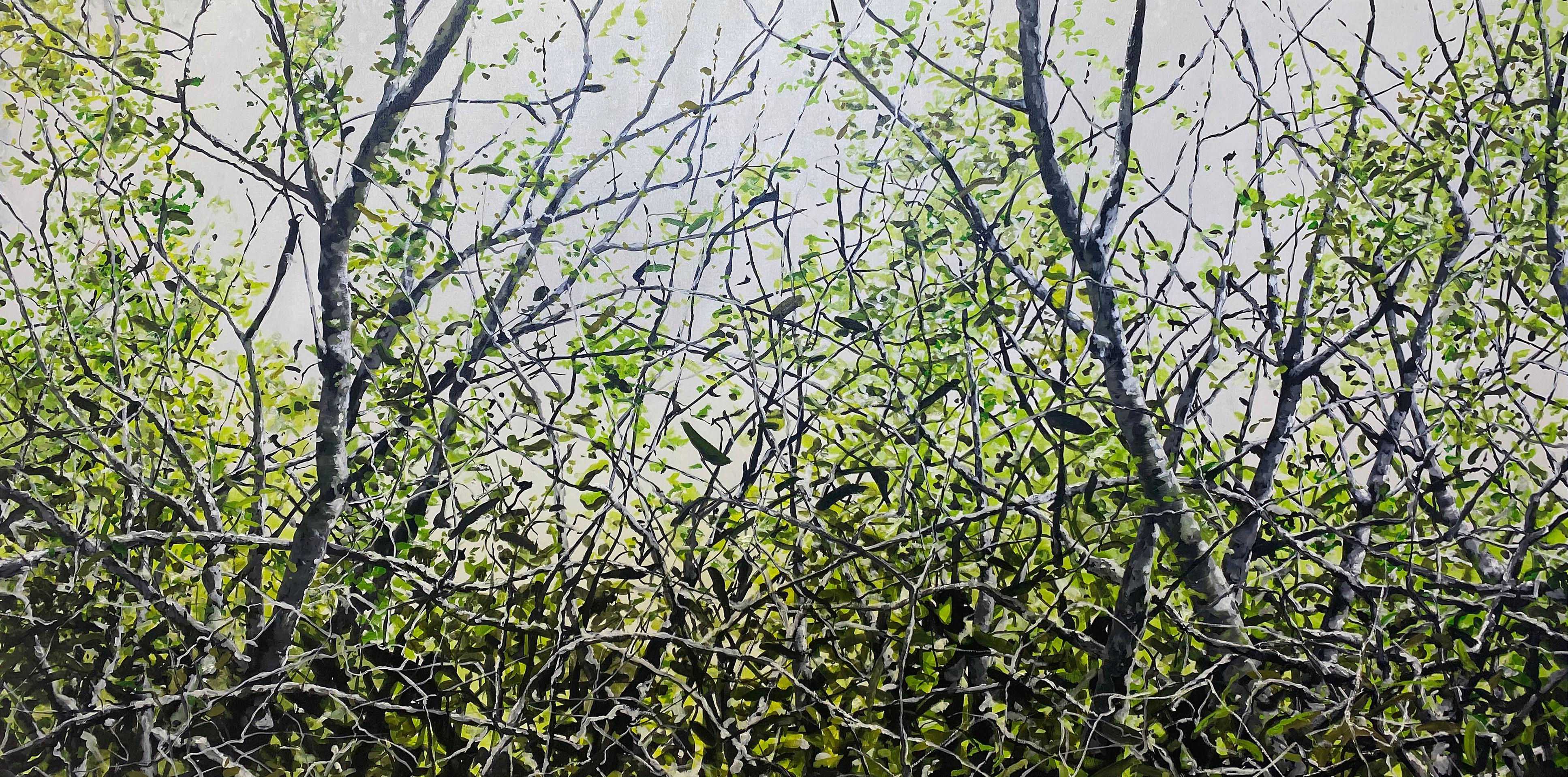 Eric Zener Landscape Painting - REJOINING, photo-realism, landscape, dense forest, grey sky, green, vivid color