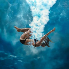 RELEASE, diving into water, human figure, realism, shades of blue, bubbles