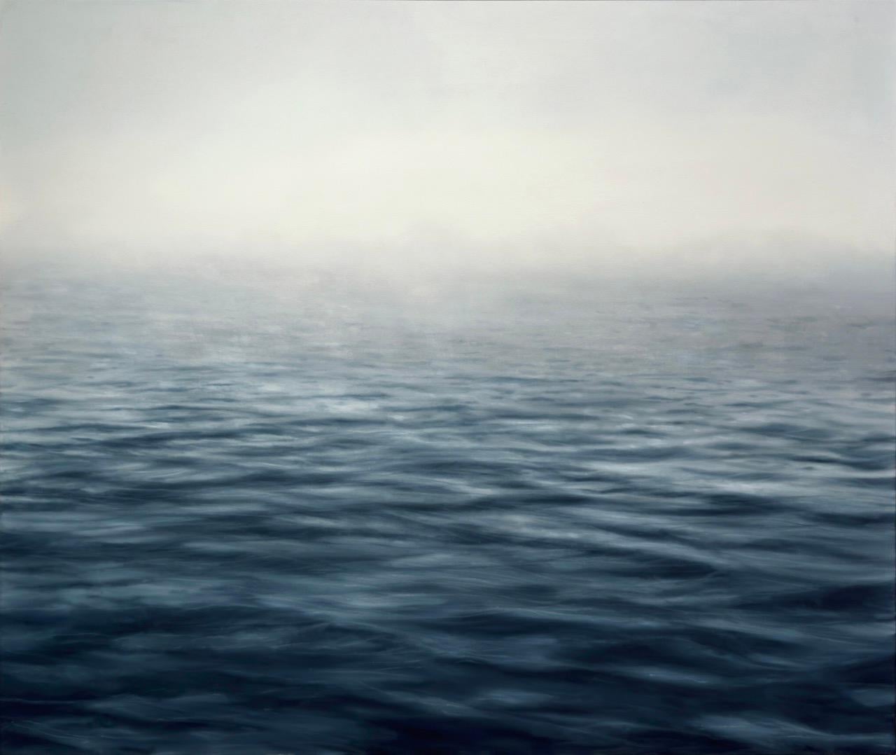 Repose - Zeitgenössisches Ölgemälde, gerahmte Seelandschaft, Tranquil Blue, 60x70