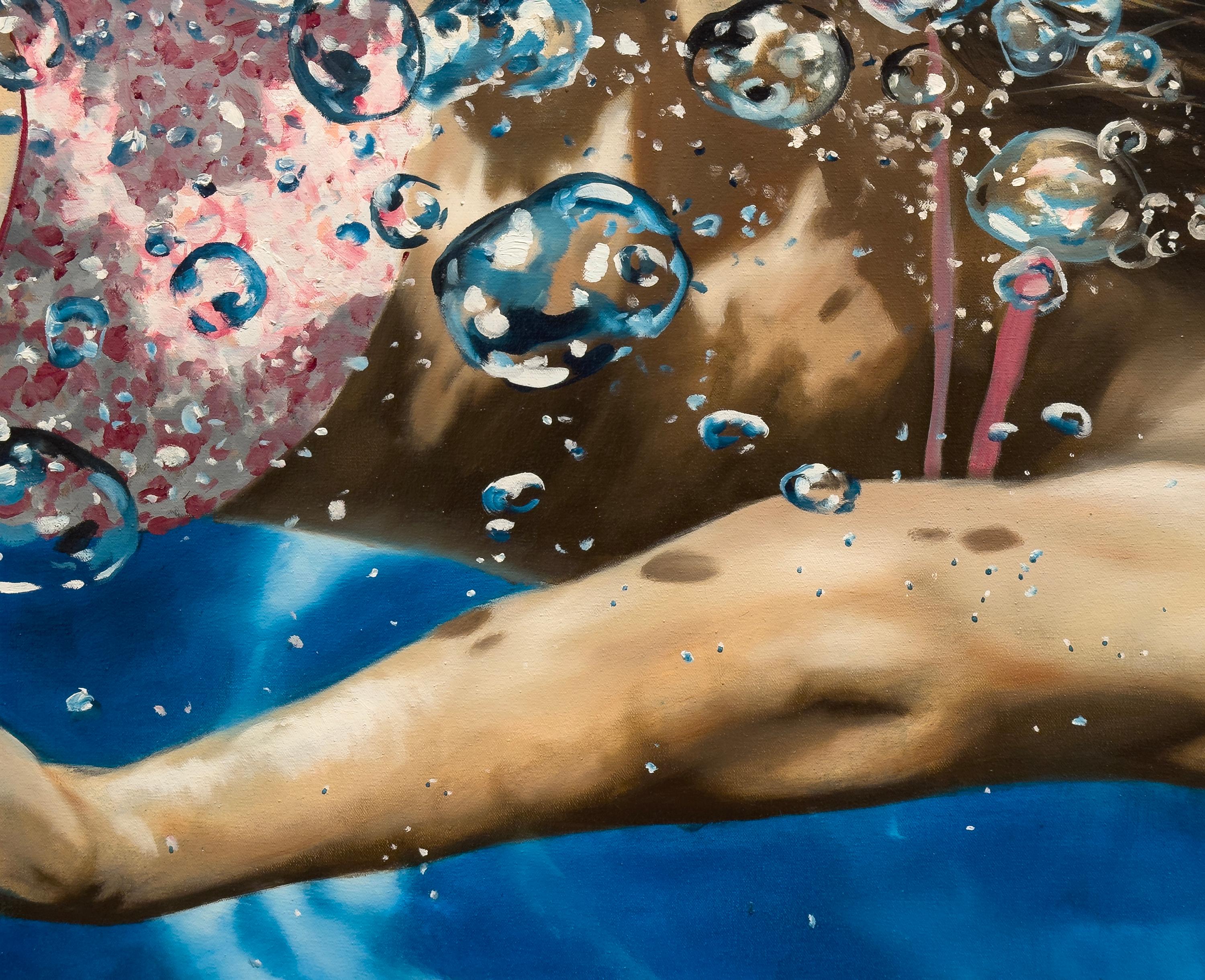 CASCADA DE VERANO - Realismo / Paisaje acuático / Figurativo / Nadador / Casa en la playa - Figurative Painting Azul de Eric Zener