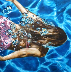 CASCADA DE VERANO - Realismo / Paisaje acuático / Figurativo / Nadador / Casa en la playa