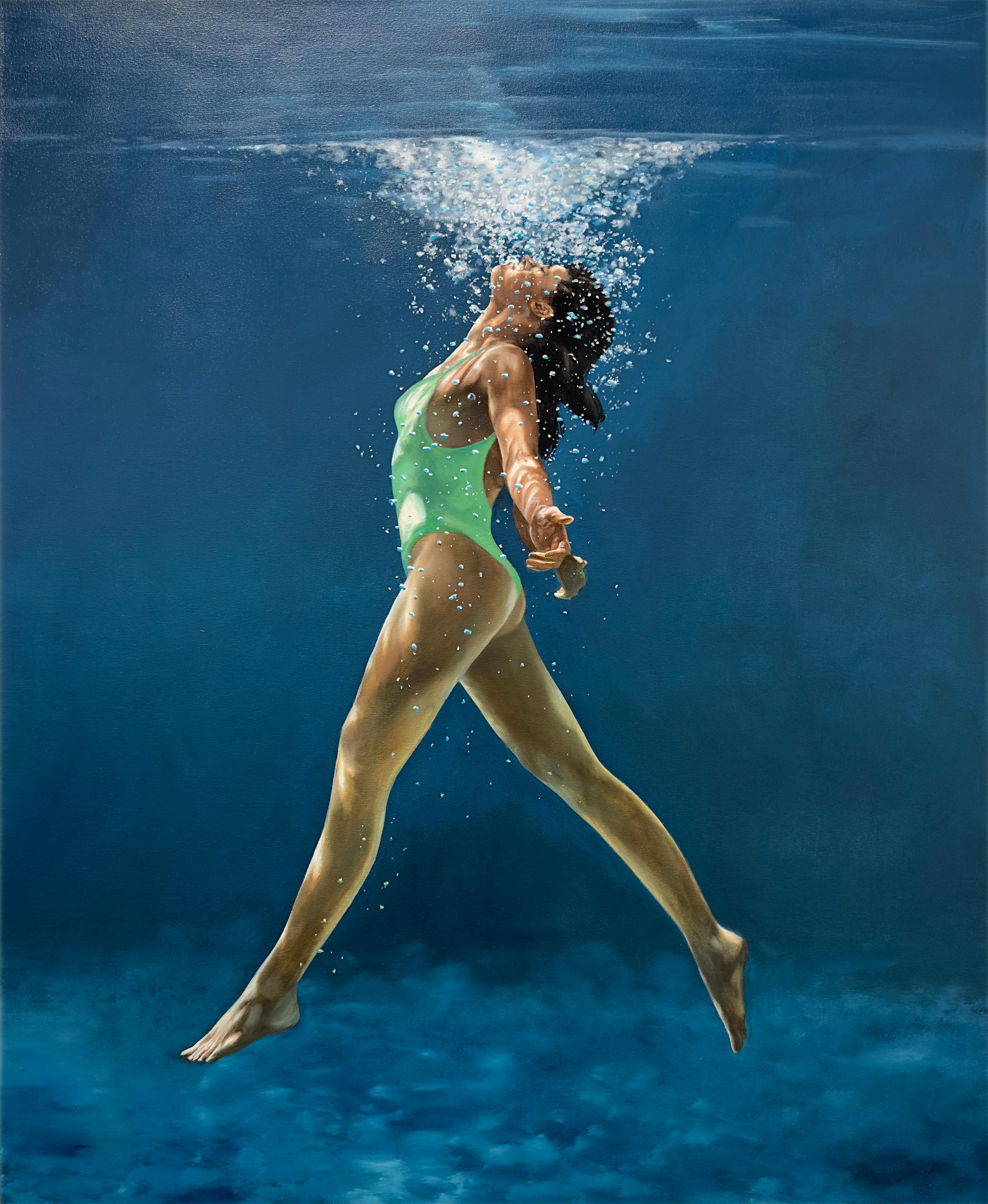 Eric Zener Figurative Painting - WATER DANCE - Contemporary Realism / Figurative / Swimmer / Blue