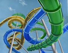 WHERE TO BEGIN, hyper-realist, blue sky, blue green and yellow waterslides