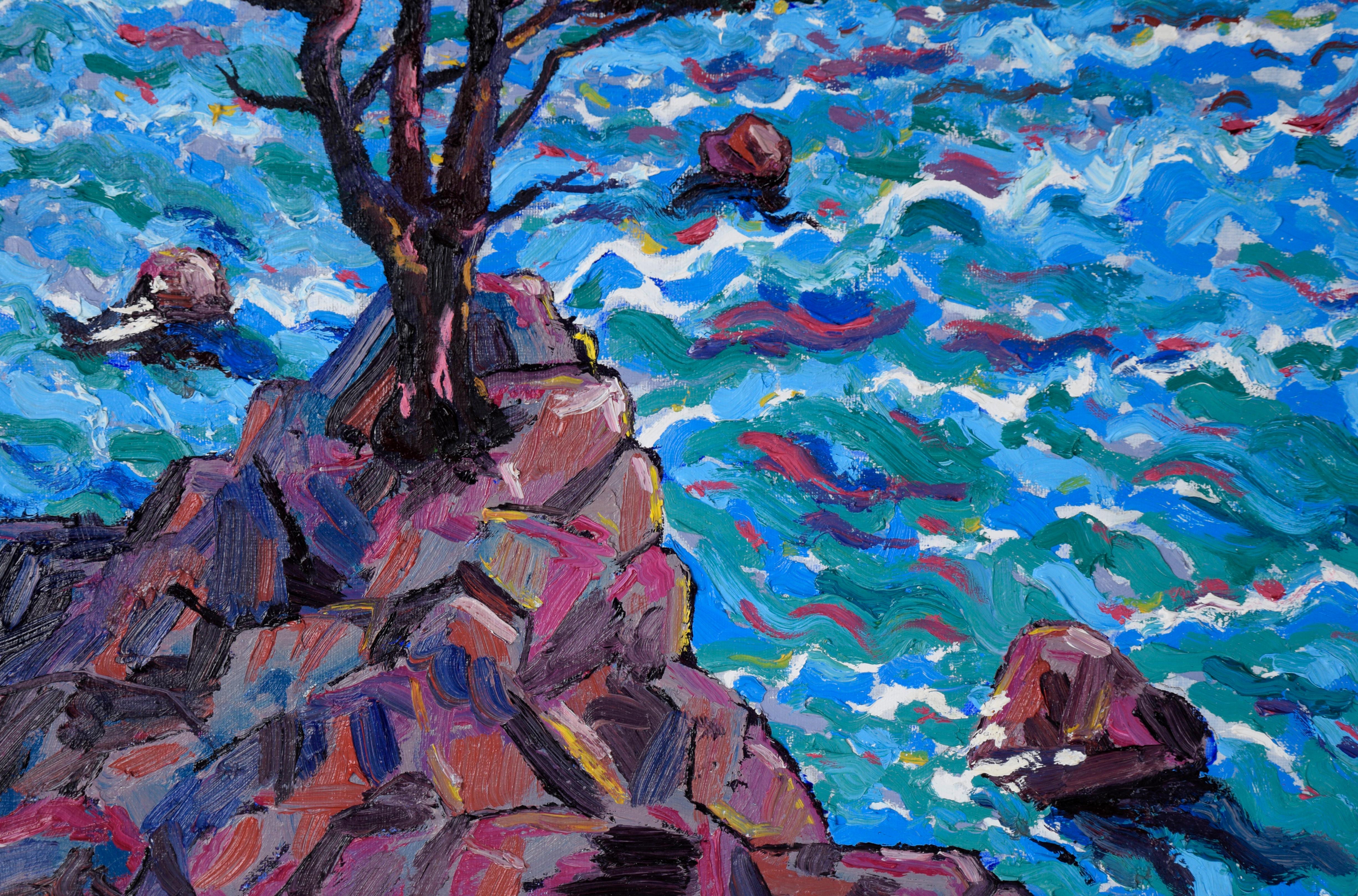 Atardecer en Big Sur - Díptico de paisaje en óleo sobre lienzo - Landscape Painting Azul de Erica Brooks