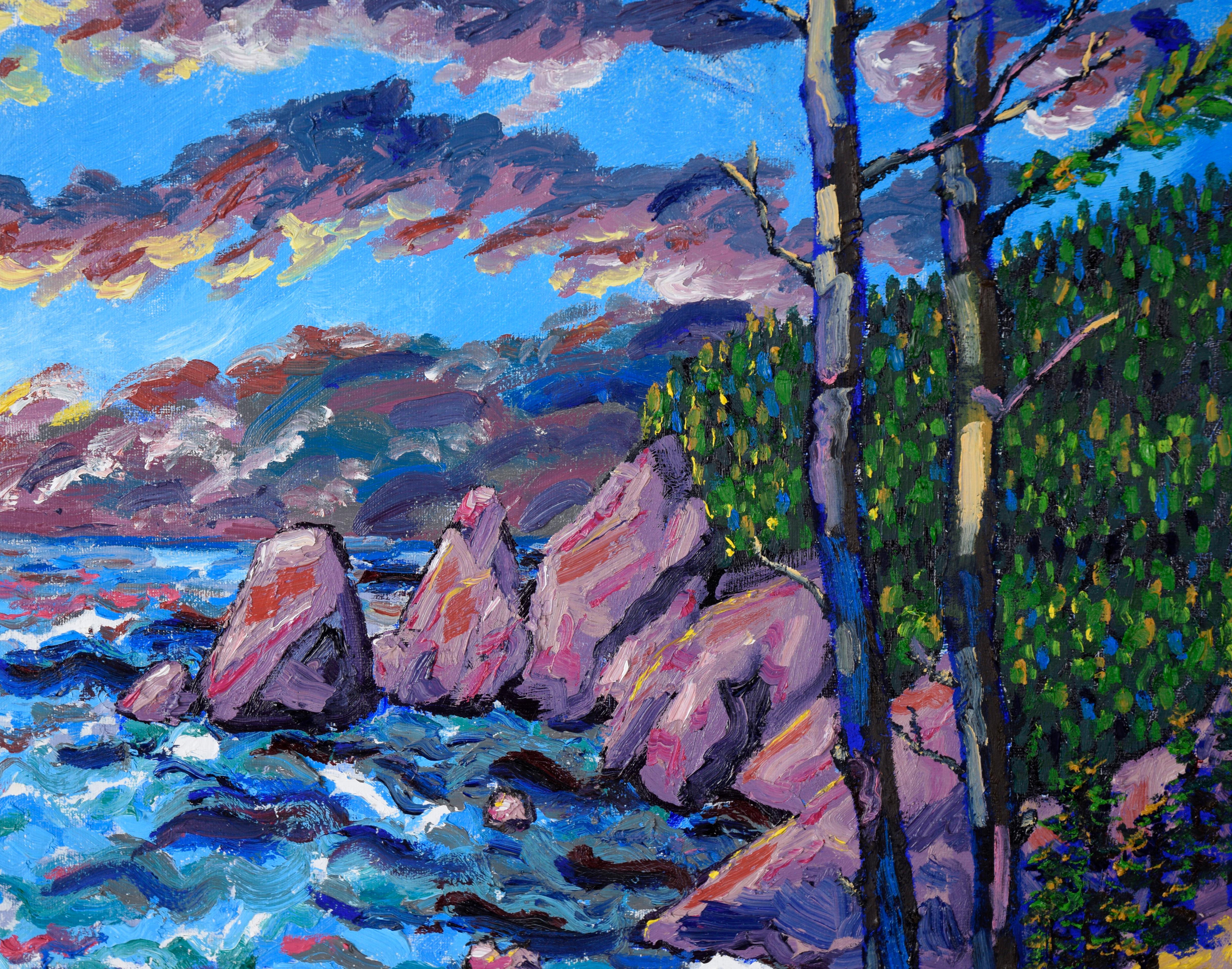 Atardecer en Big Sur - Díptico de paisaje en óleo sobre lienzo

Paisaje costero de Big Sur, de Erica Brooks (estadounidense, siglo XX). Este expresivo díptico capta una vibrante puesta de sol sobre la escarpada costa de Big Sur, pintada con