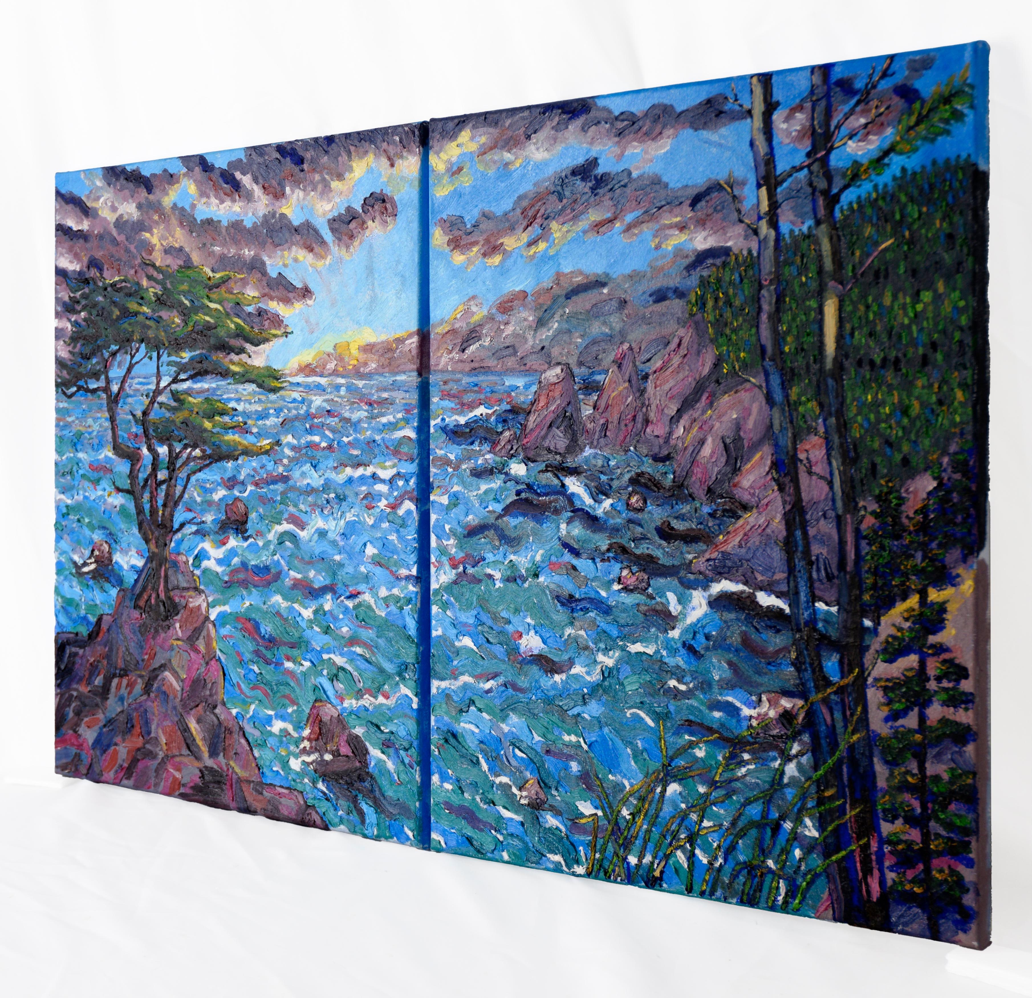 Atardecer en Big Sur - Díptico de paisaje en óleo sobre lienzo en venta 3