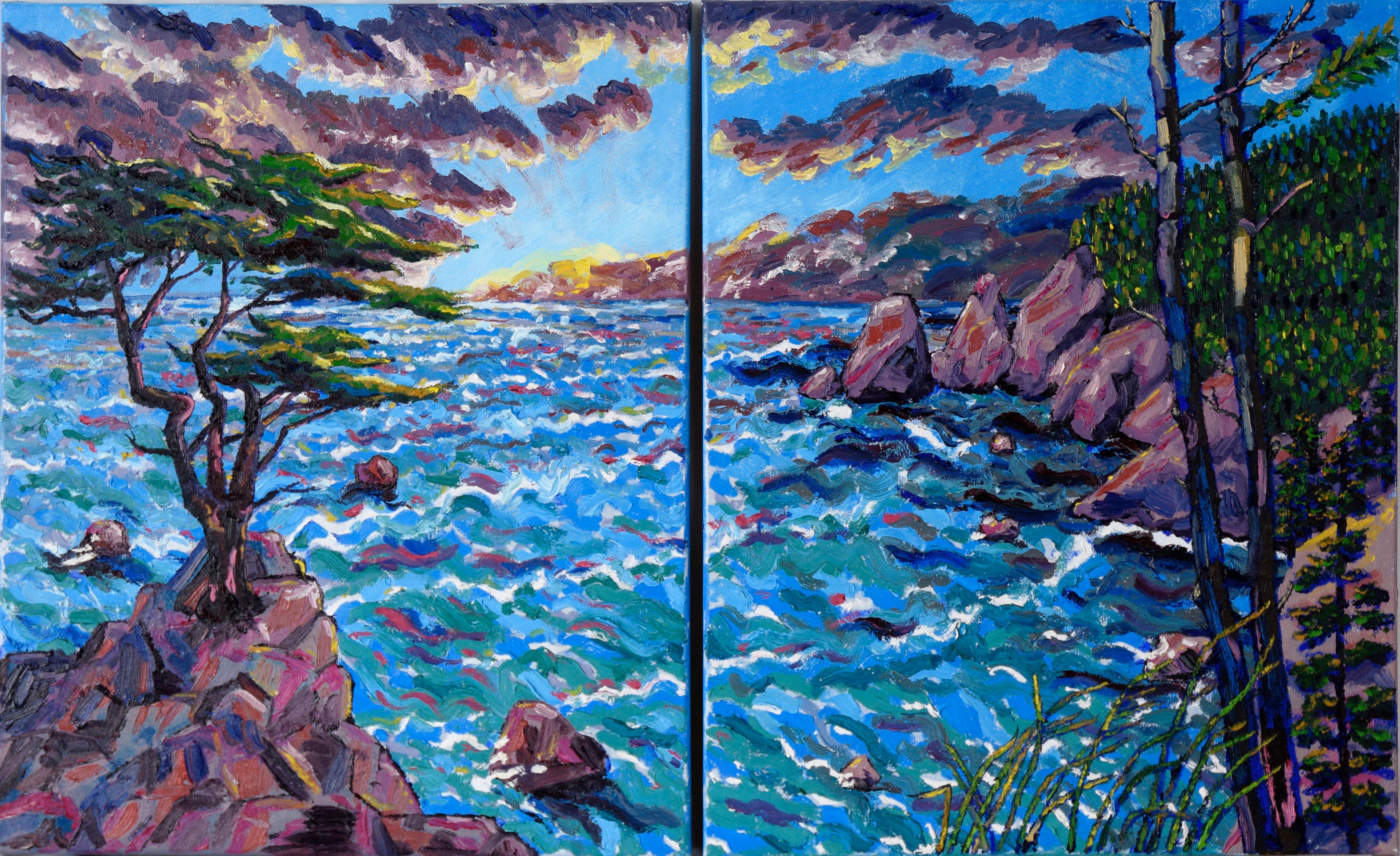 Landscape Painting de Erica Brooks - Atardecer en Big Sur - Díptico de paisaje en óleo sobre lienzo