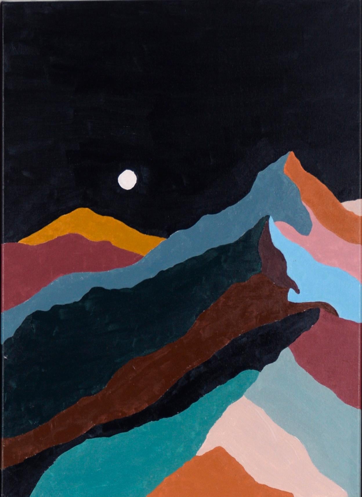 Lune sopra le montagne - Paesaggio a più pannelli in acrilico su tela - Landscape Painting Grigio di Erica Brooks