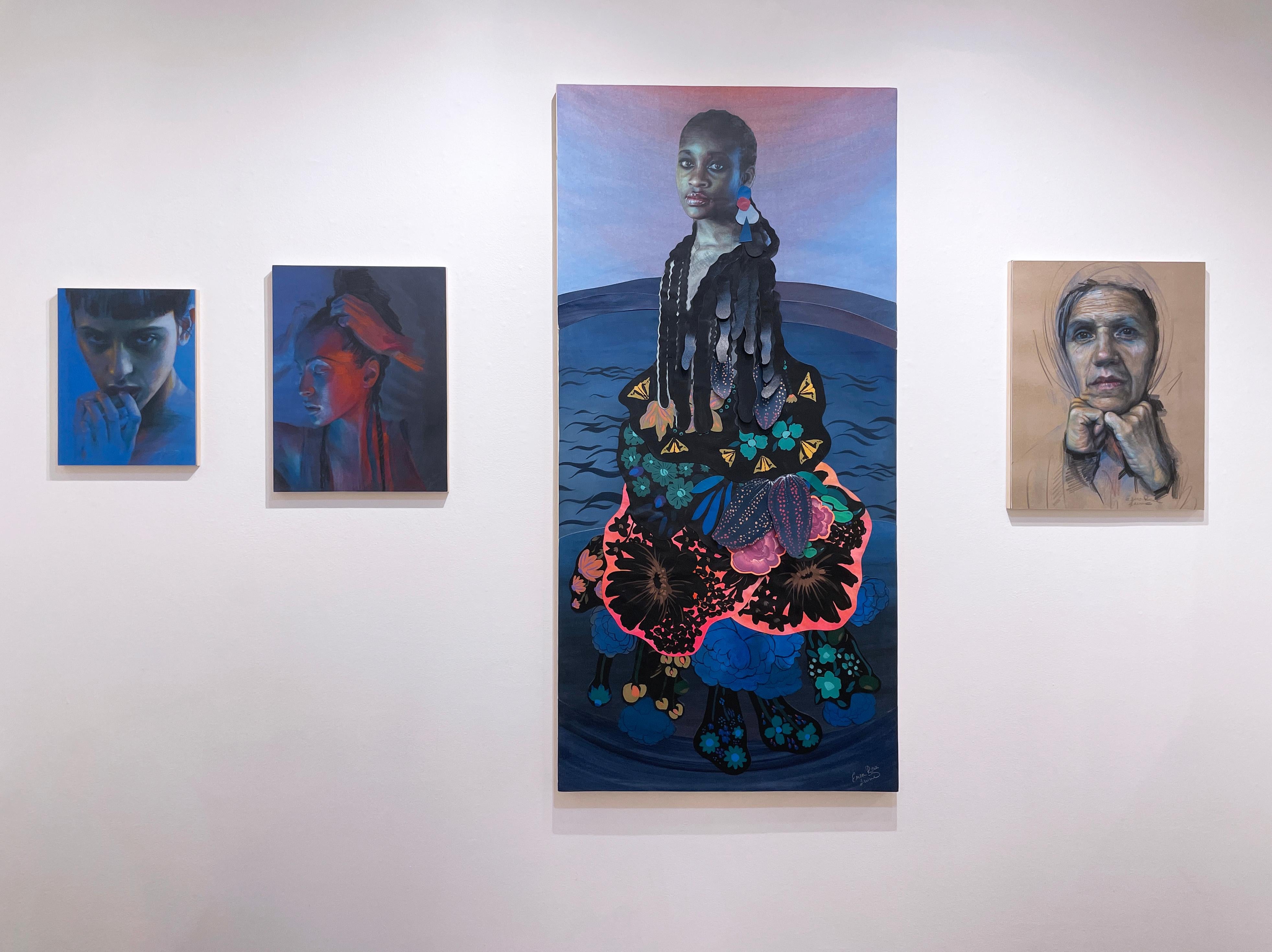 Moonlit: Blue I (2022) color pencil portrait, woman, face, hyperrealism, blue - Contemporary Painting by Erica Rose Levine