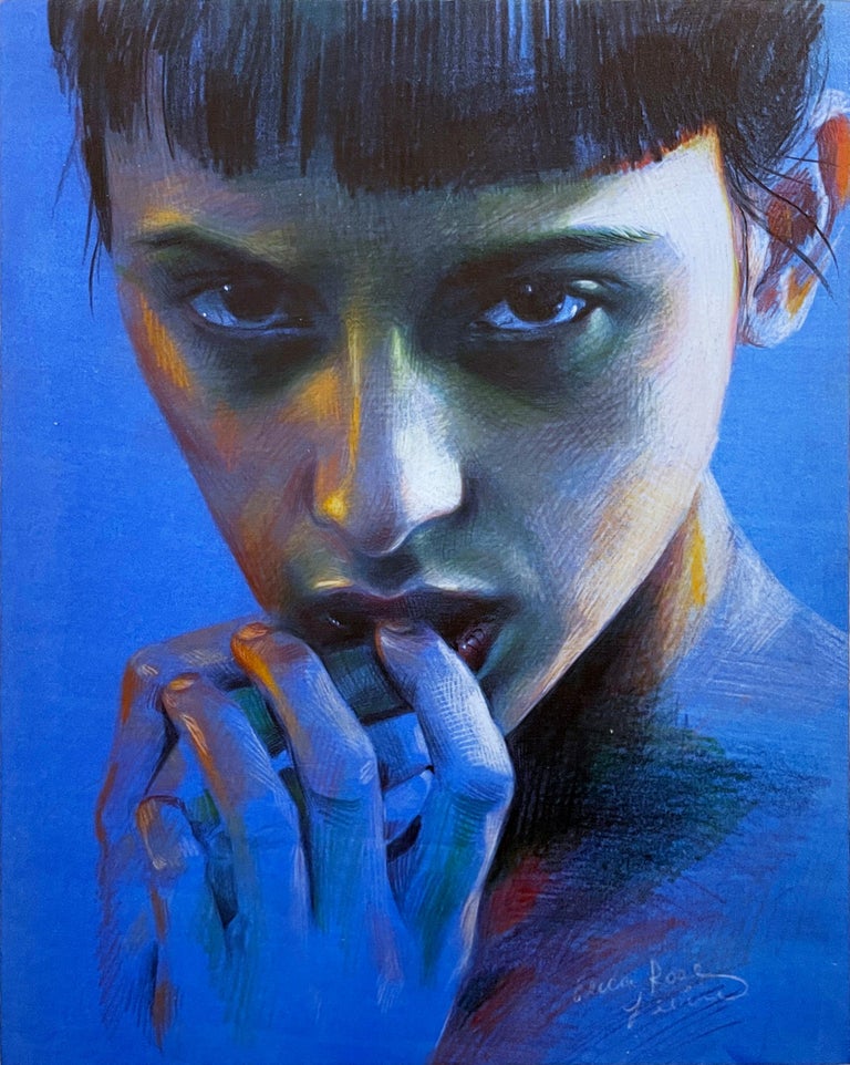 Erica Rose Levine Portrait Painting - Moonlit: Blue I (2022) colour pencil portrait, woman, face, hyperrealism, blue
