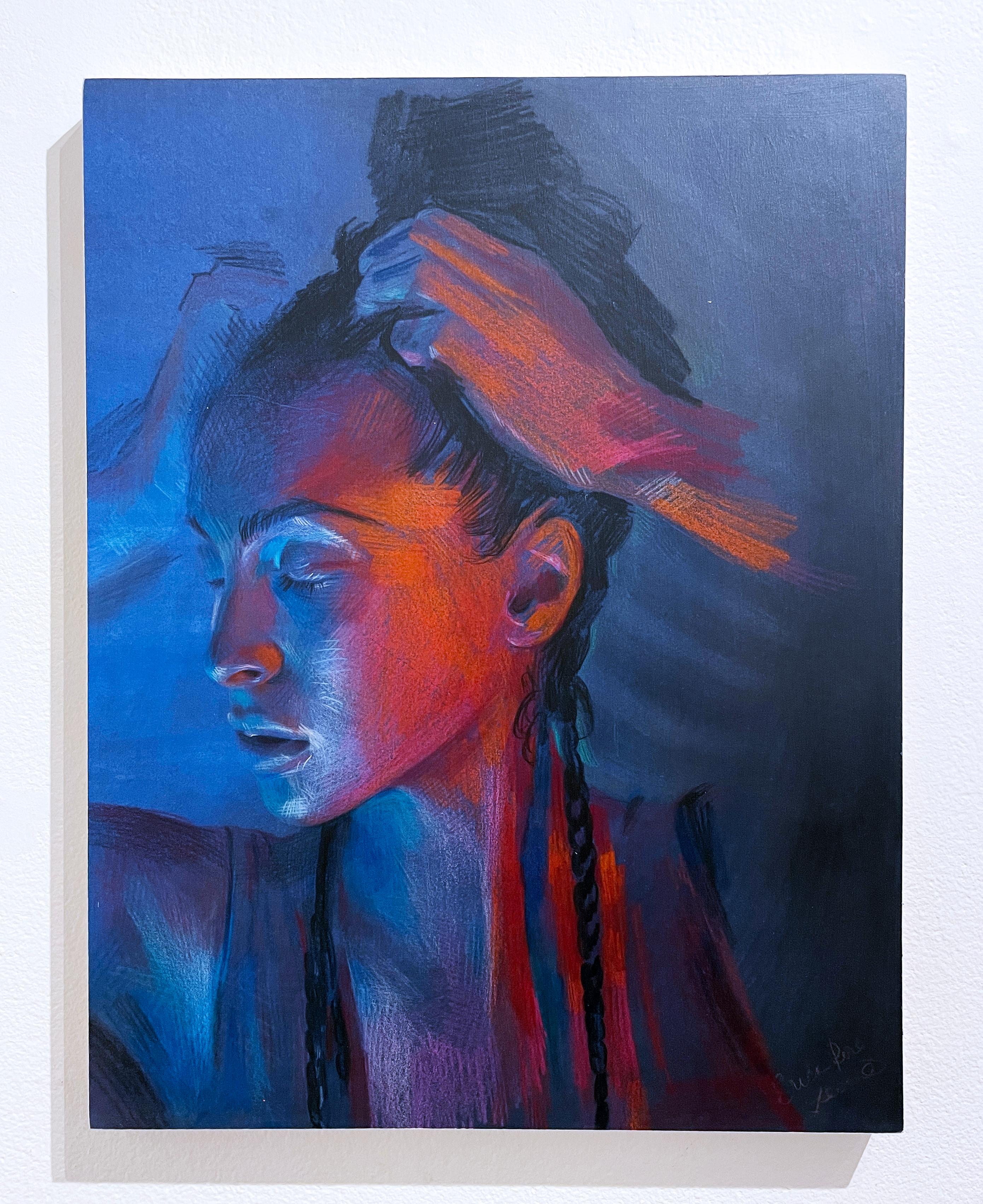 Mondgeleuchtet: Blau II (2022) Bleistiftporträt, Frau, Gesicht, Hyperrealismus, blau – Painting von Erica Rose Levine
