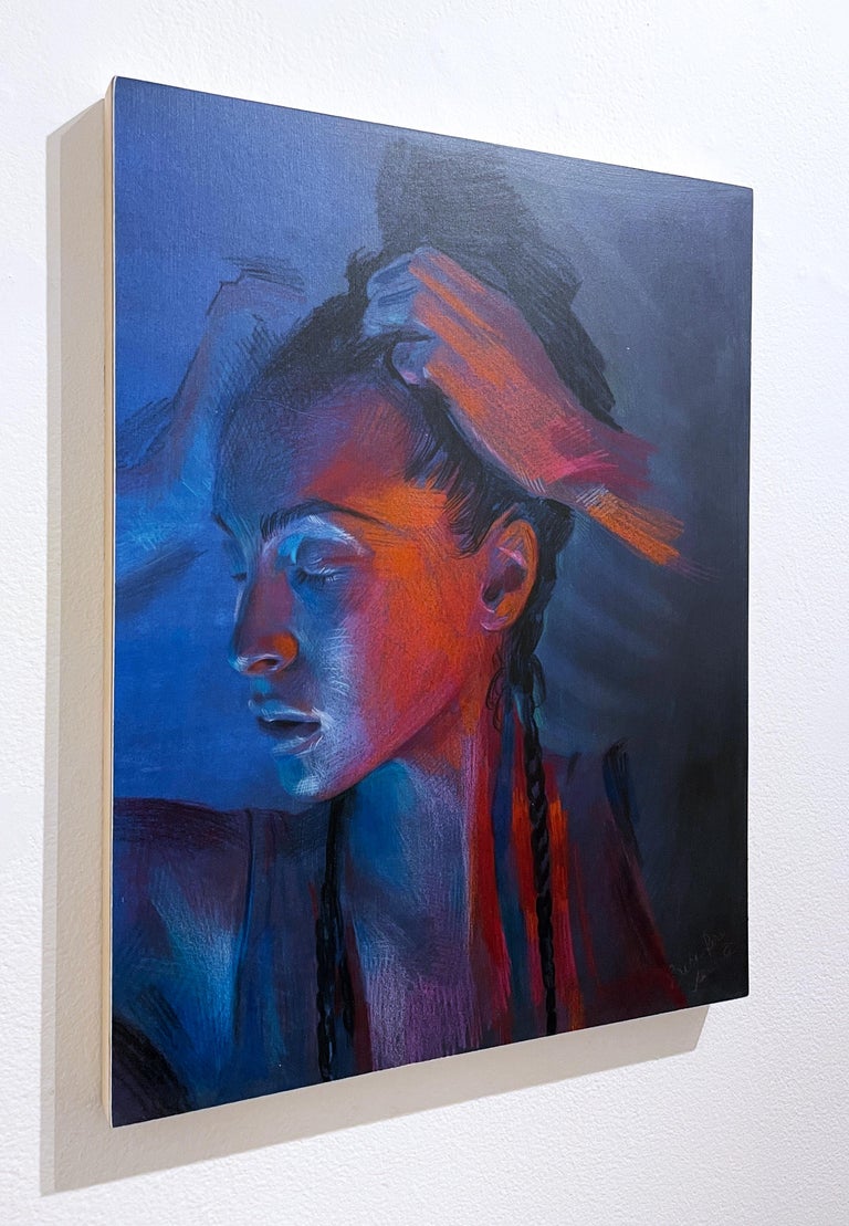 Moonlit: Blue II (2022) colour pencil portrait, woman, face, hyperrealism, blue - Contemporary Painting by Erica Rose Levine
