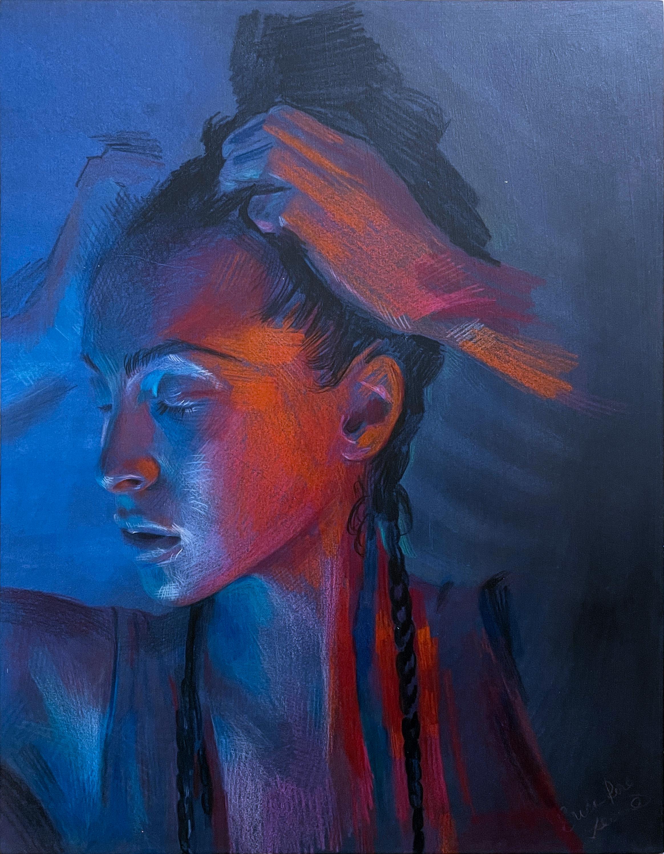 Moonlit: Blue II (2022) colour pencil portrait, woman, face, hyperrealism, blue