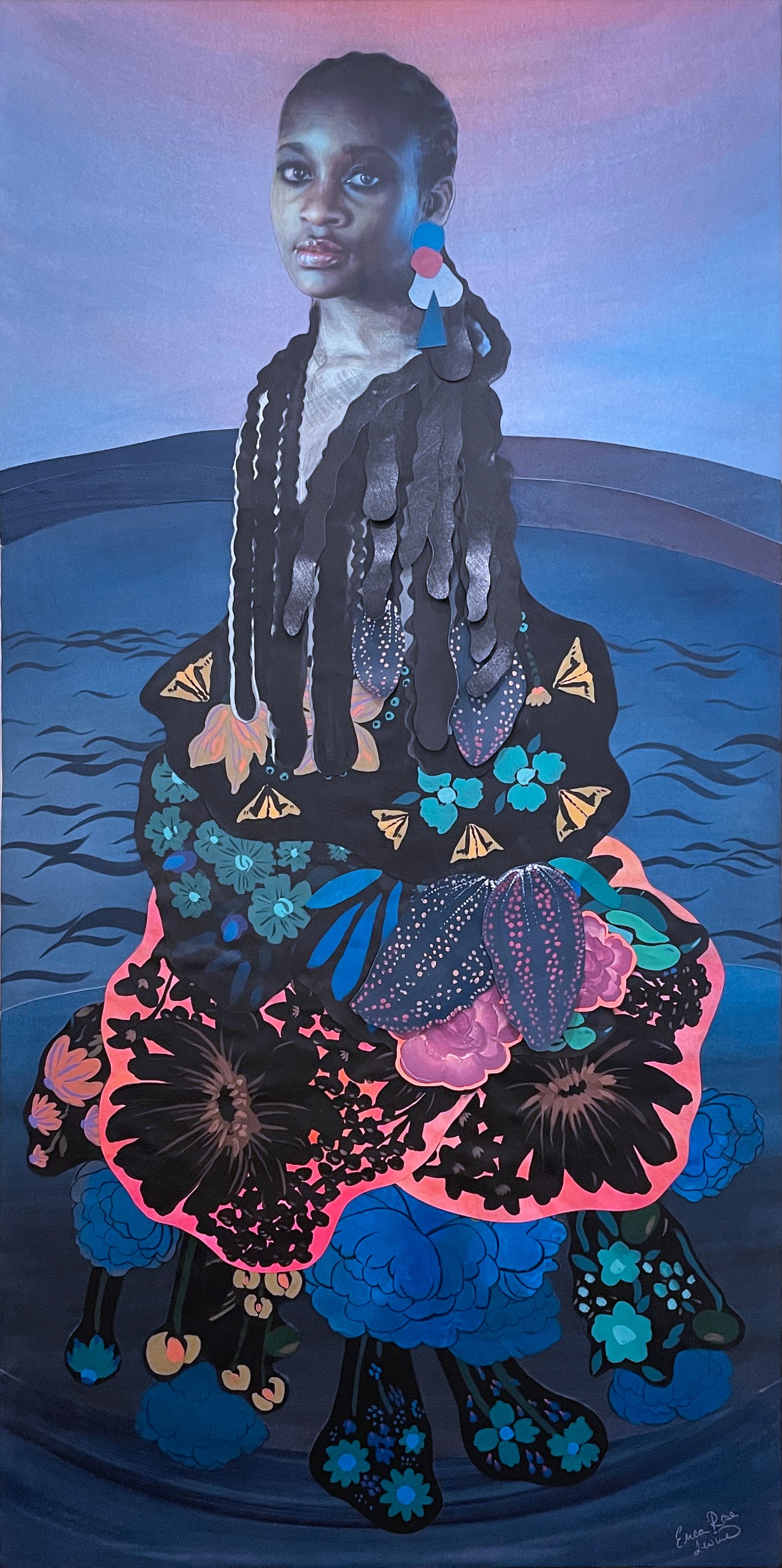 Erica Rose Levine Portrait Painting - Moonlit: Oceania (2023) color pencil portrait, woman, face, hyperrealism, blue