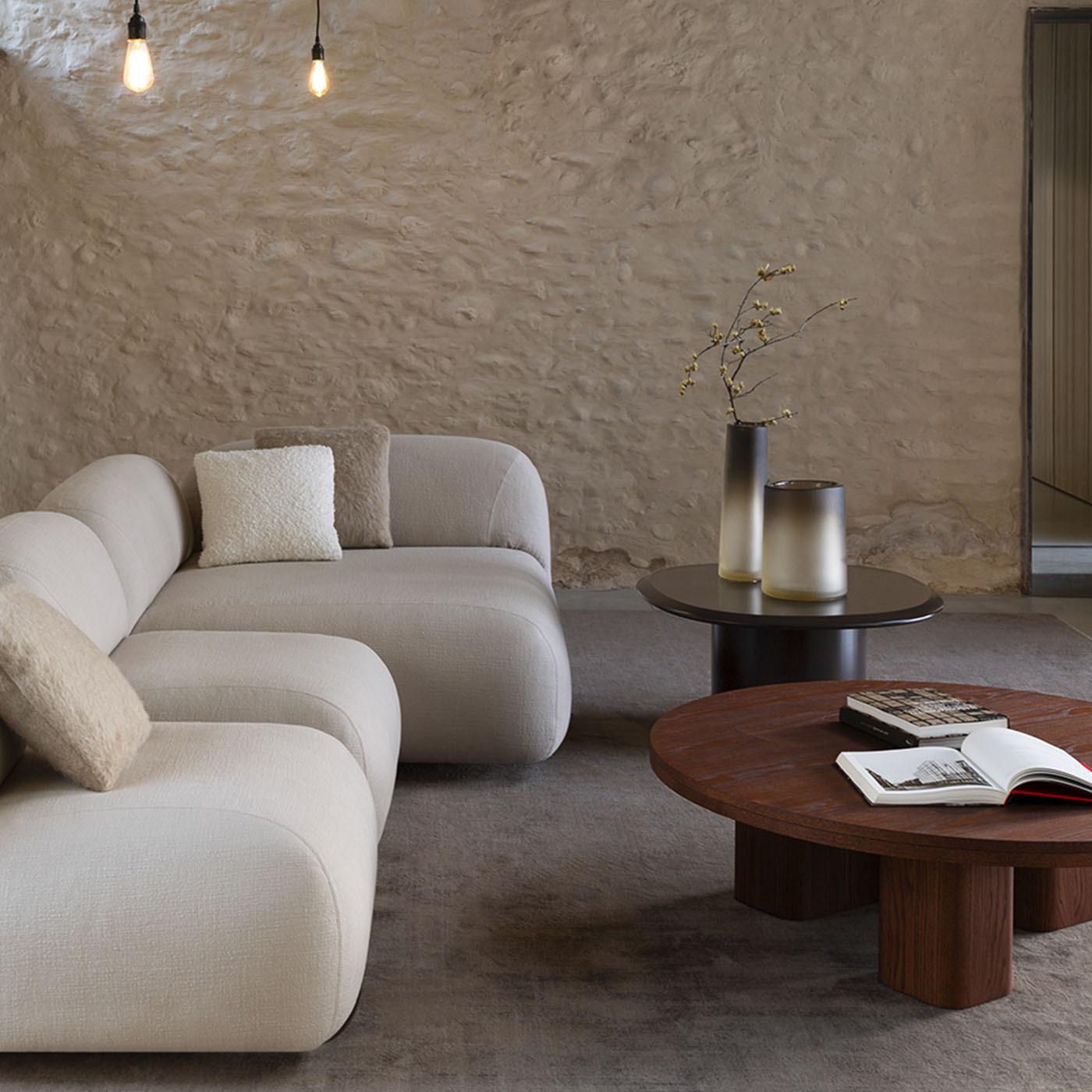Il tavolino Eleg R presenta un'armoniosa miscela di eleganza geometrica e design funzionale. Caratterizzato da una silhouette bassa e circolare, questo pezzo è ideale per arricchire gli spazi abitativi e fare una dichiarazione sofisticata. Il tavolo
