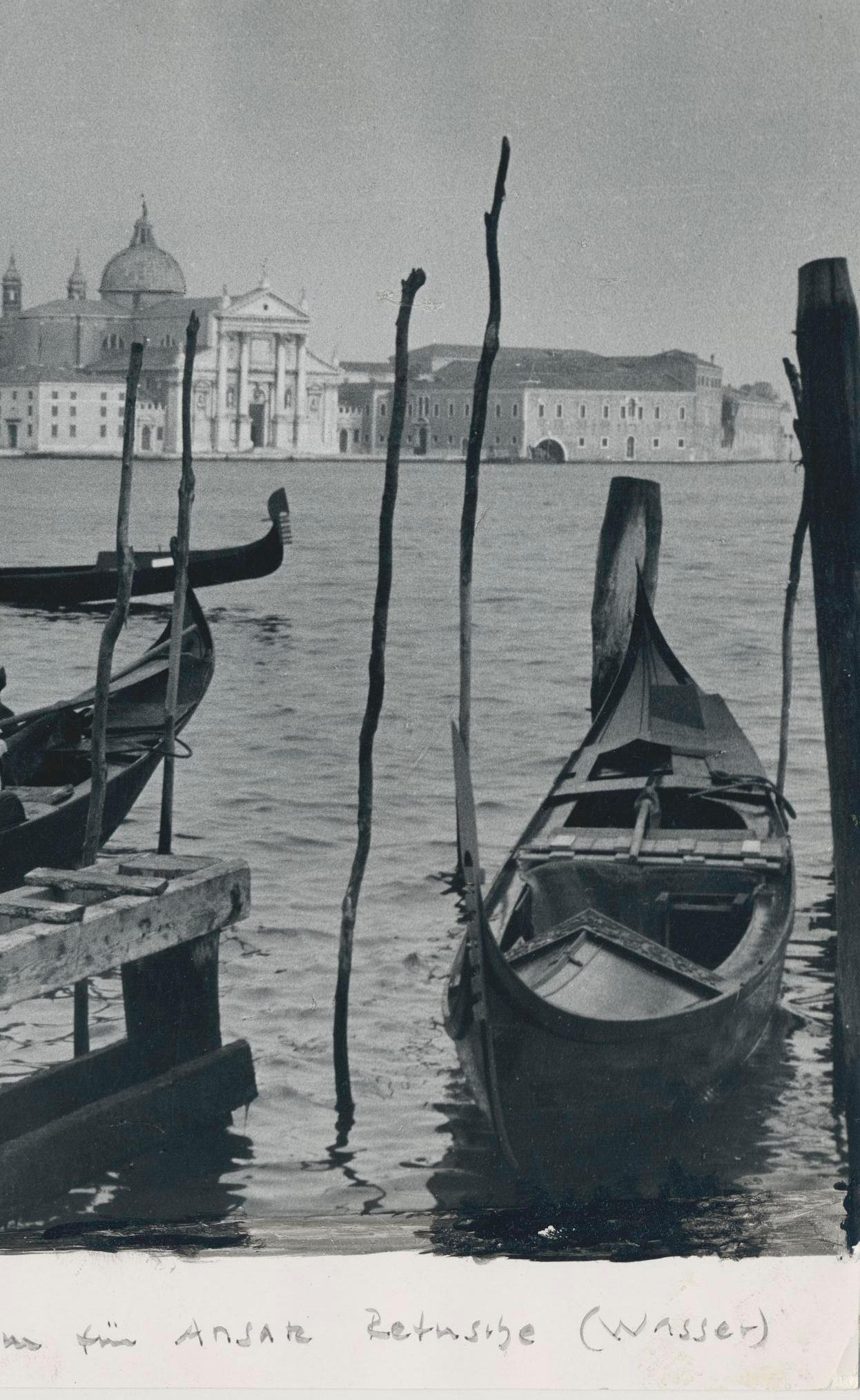 Venice - Gondolas on Waterfront, Italy, 1950s, 17, 3 x 11, 5 cm - Modern Photograph by Erich Andres