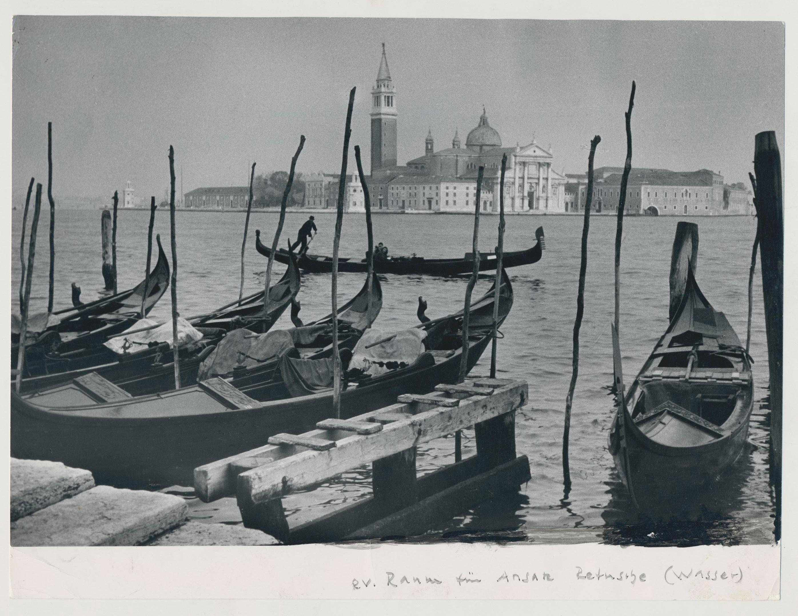 Erich Andres Black and White Photograph - Venice - Gondolas on Waterfront, Italy, 1950s, 17, 3 x 11, 5 cm