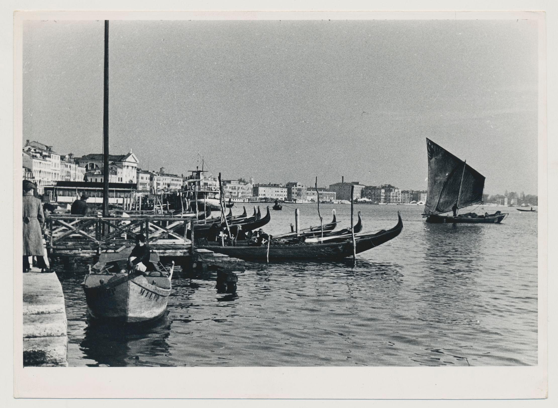 Venice, Waterfront, Gondolas, Black and White, Italy, 1950s, 13 x 17, 9 cm