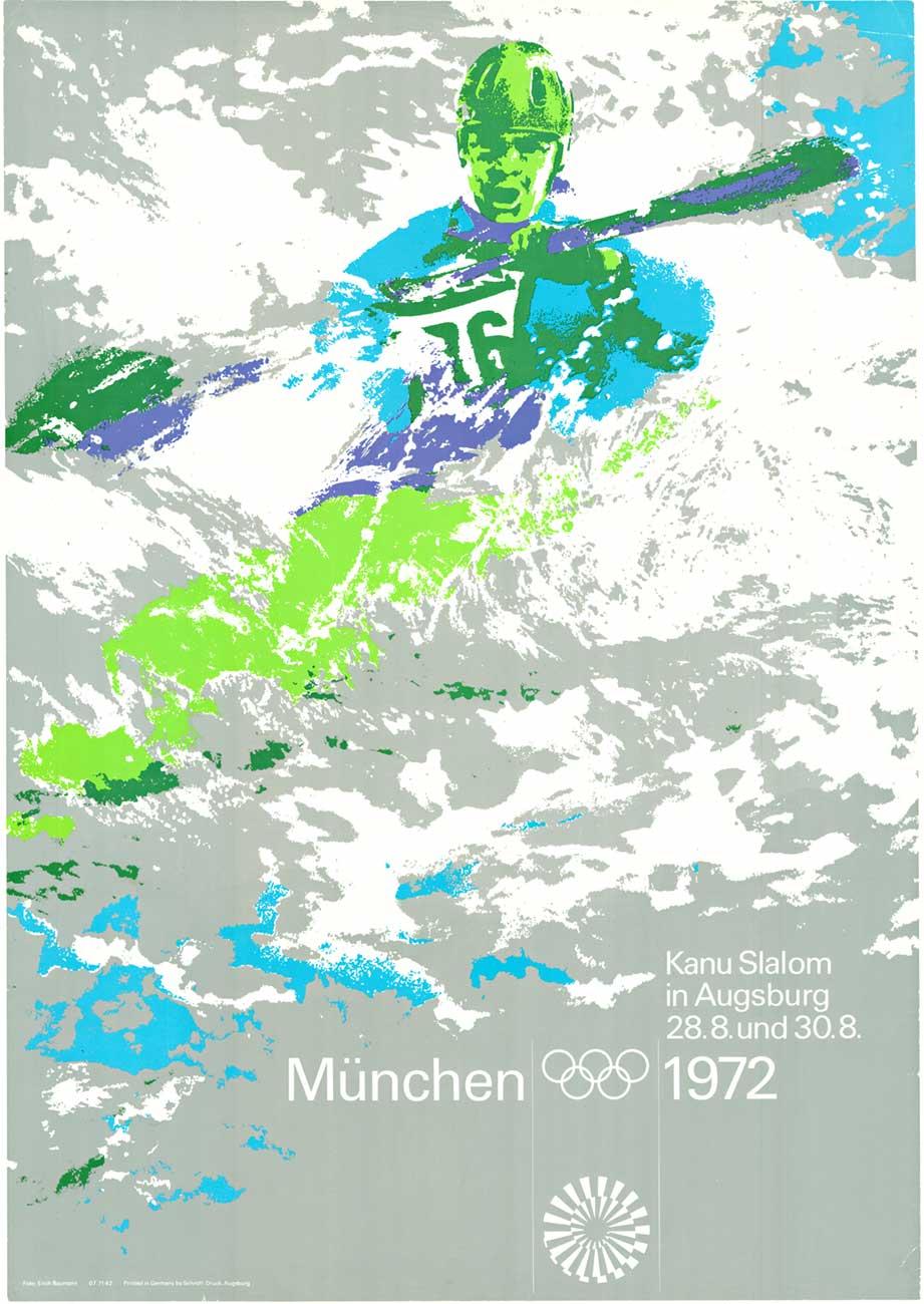 Erich Baumann Landscape Print - Original Munich Olympic Games / Kanu Slalom / White Water Canoeing