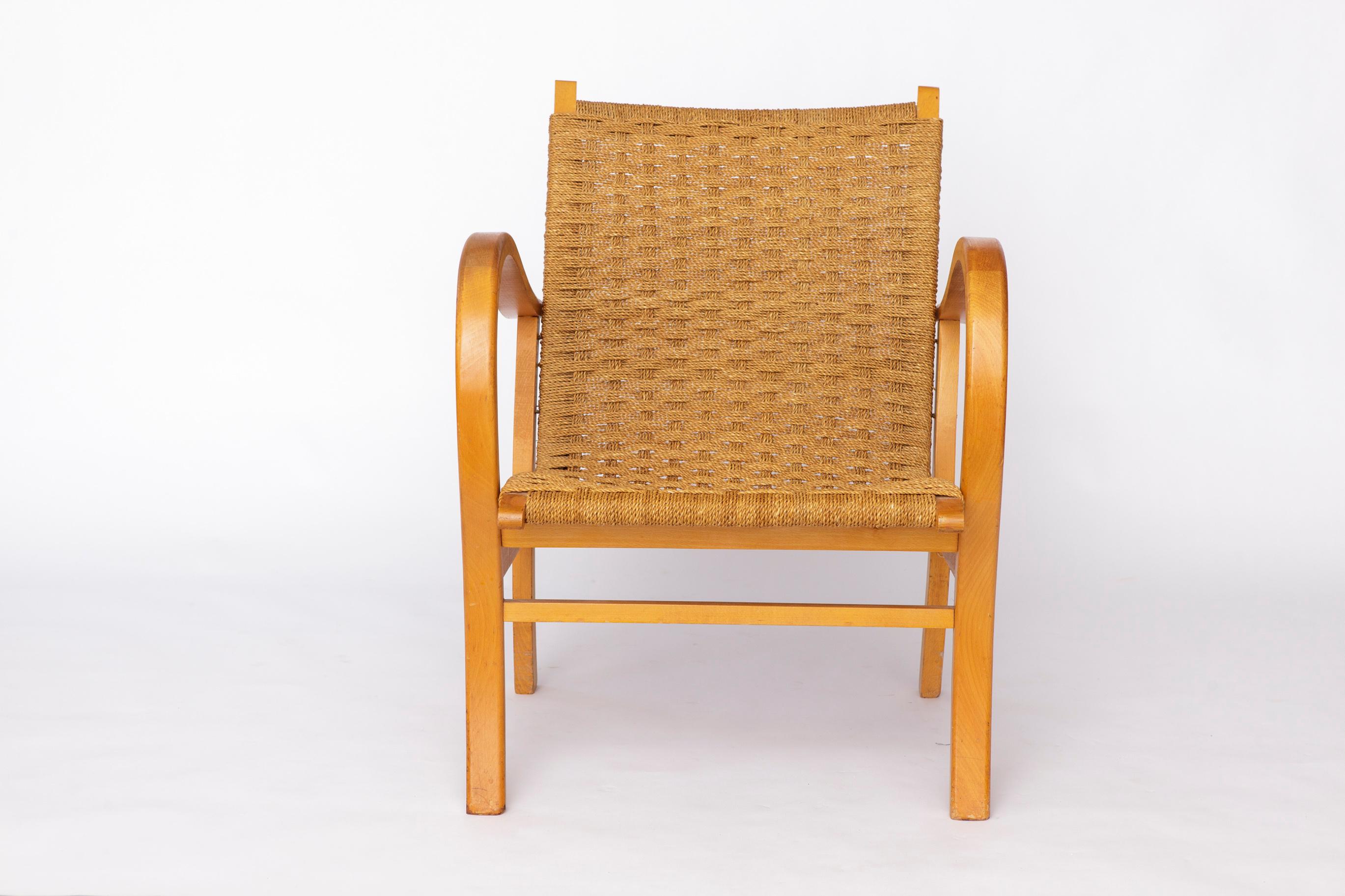 Sillón Bauhaus Erich Dieckmann - Años 50 Madera de haya y cuerda de papel, Vintage alemán Moderno de mediados de siglo en venta