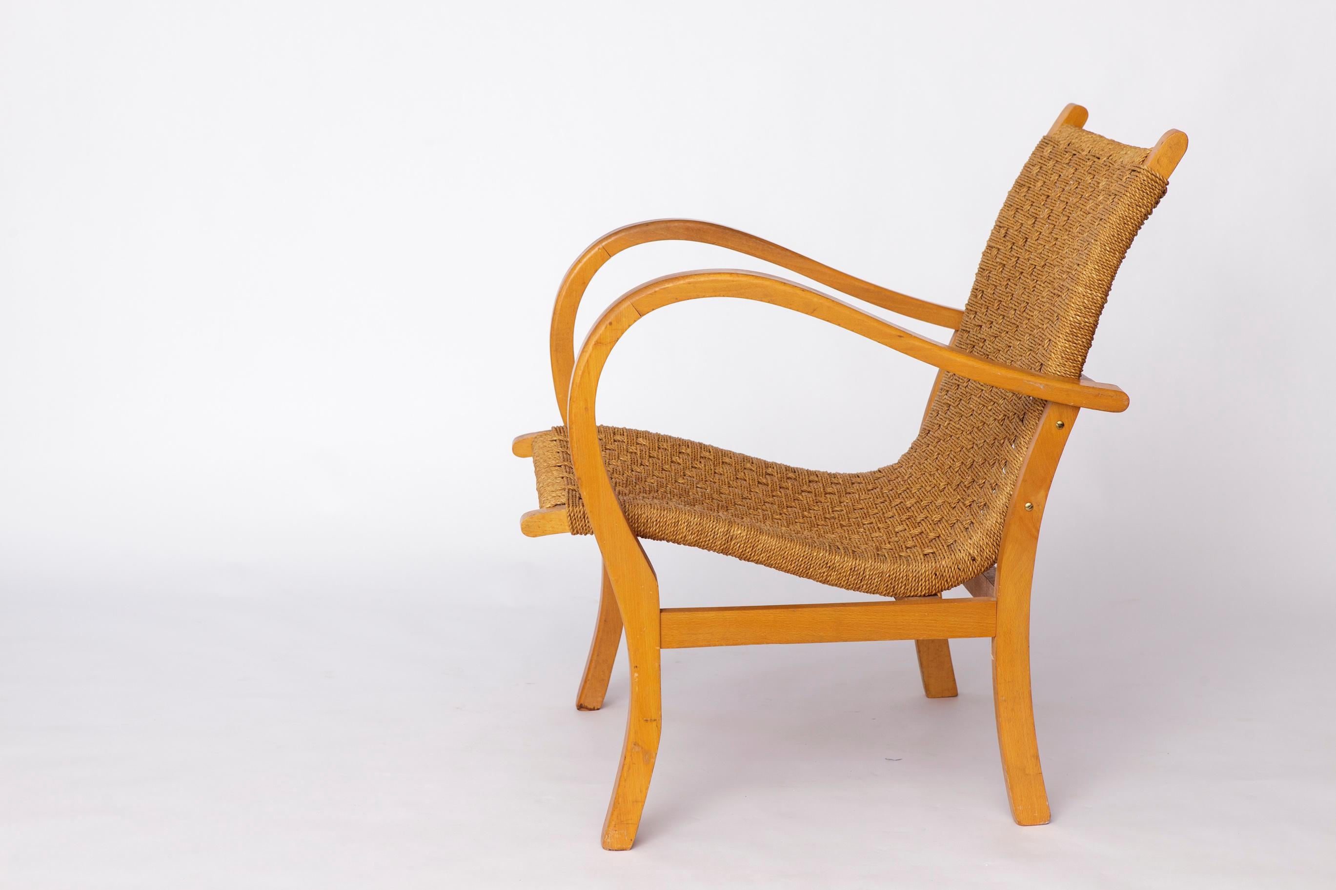 Sillón Bauhaus Erich Dieckmann - Años 50 Madera de haya y cuerda de papel, Vintage alemán Pulido en venta