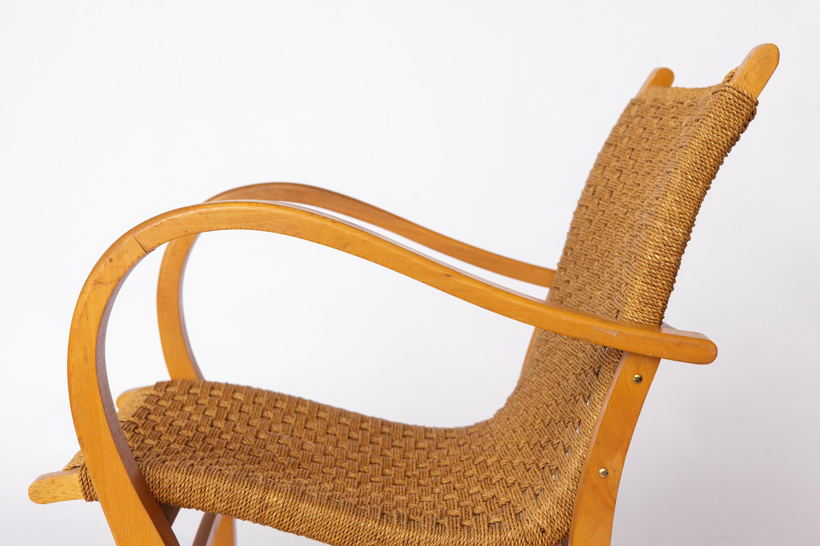 Sillón Bauhaus Erich Dieckmann - Años 50 Madera de haya y cuerda de papel, Vintage alemán en Bueno estado para la venta en Hannover, DE