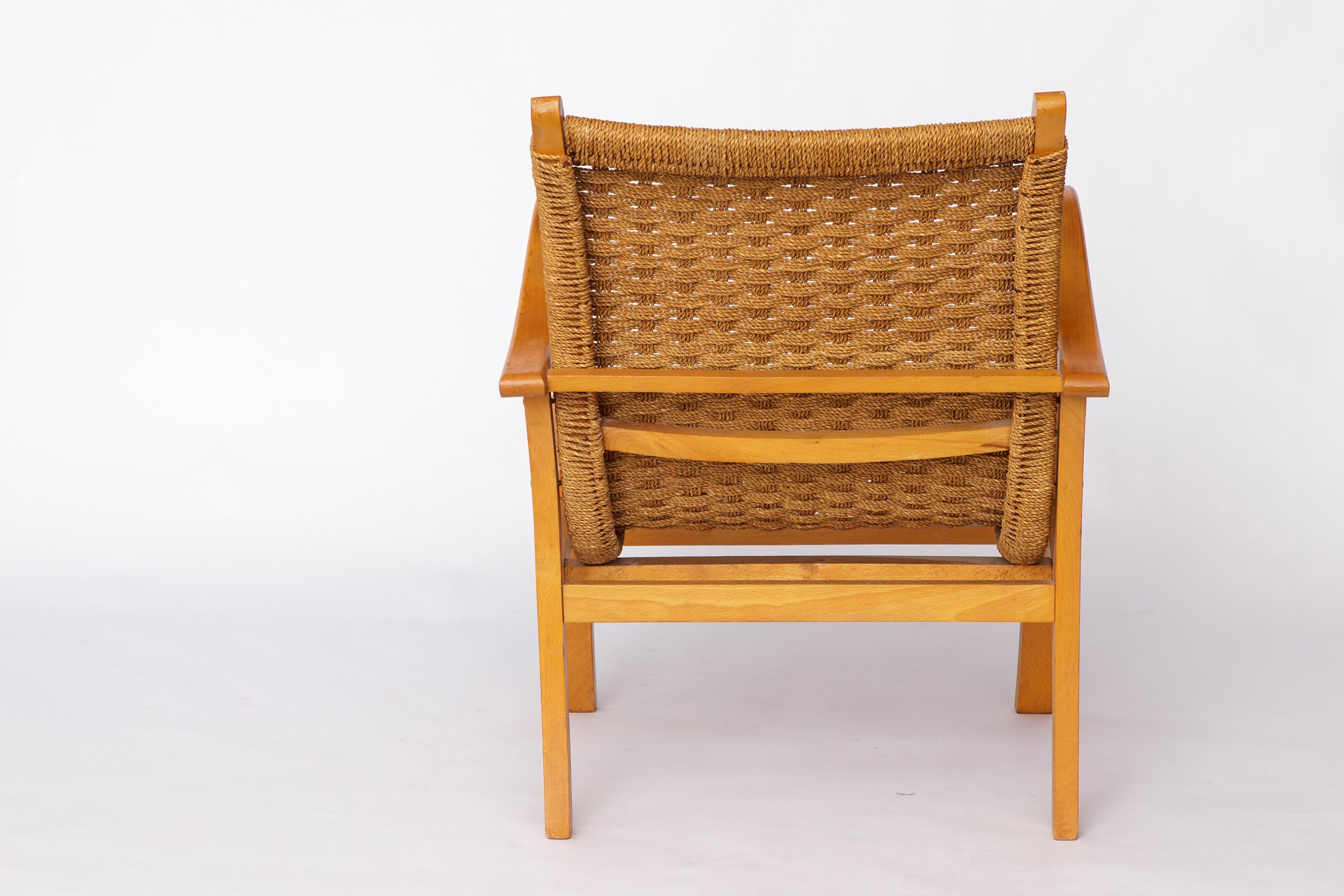 Sillón Bauhaus Erich Dieckmann - Años 50 Madera de haya y cuerda de papel, Vintage alemán mediados del siglo XX en venta