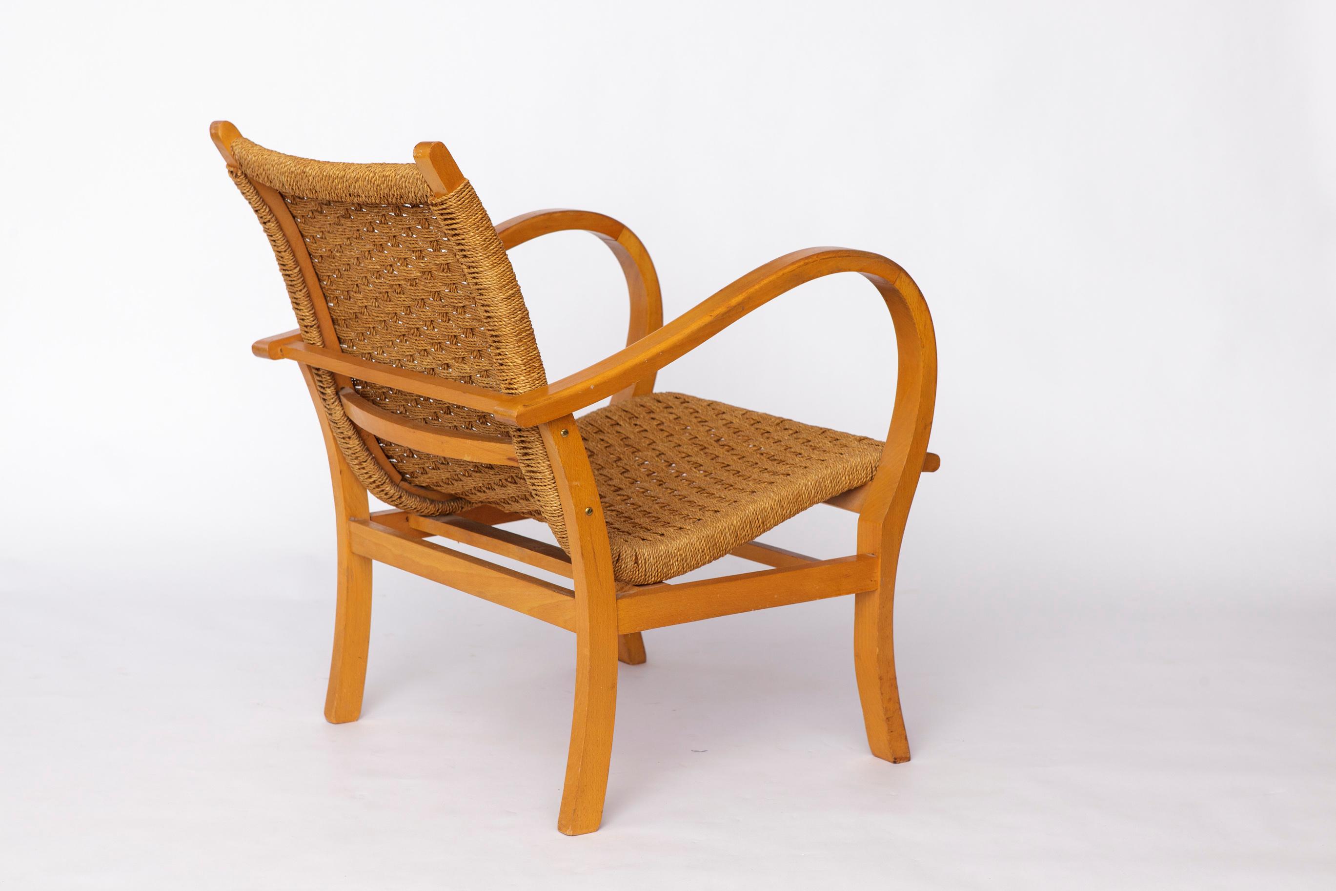 Sillón Bauhaus Erich Dieckmann - Años 50 Madera de haya y cuerda de papel, Vintage alemán en venta 1