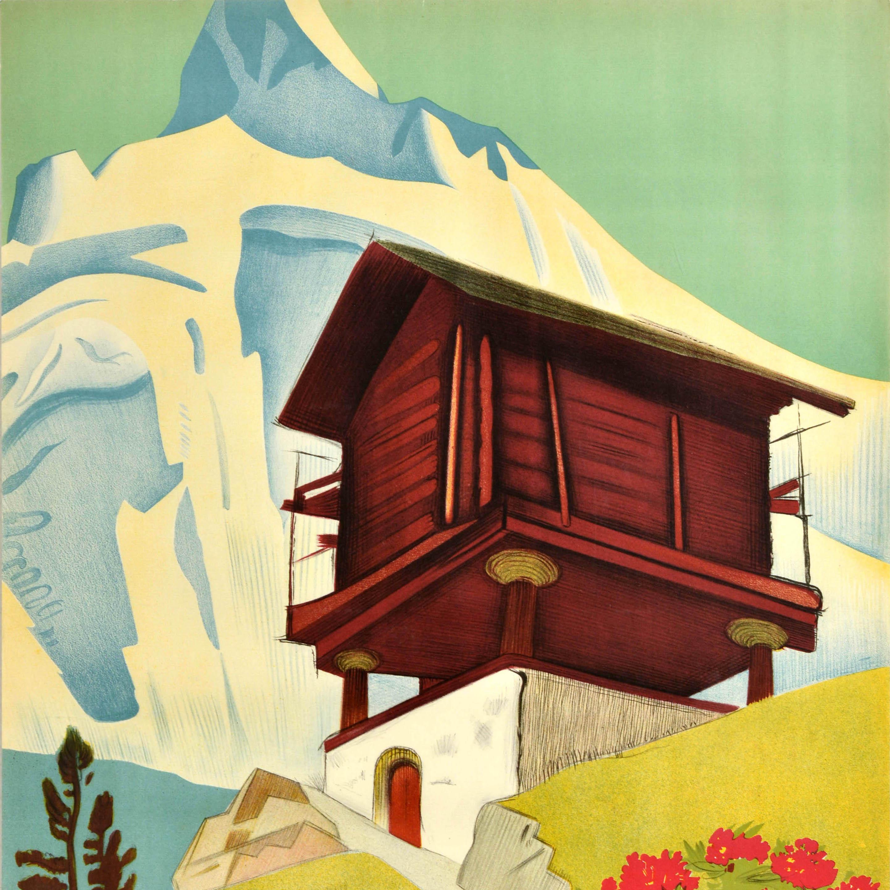 Original Vintage Travel Advertising Poster Zinal Valais Suisse Switzerland Swiss - Beige Print by Erich Hermes