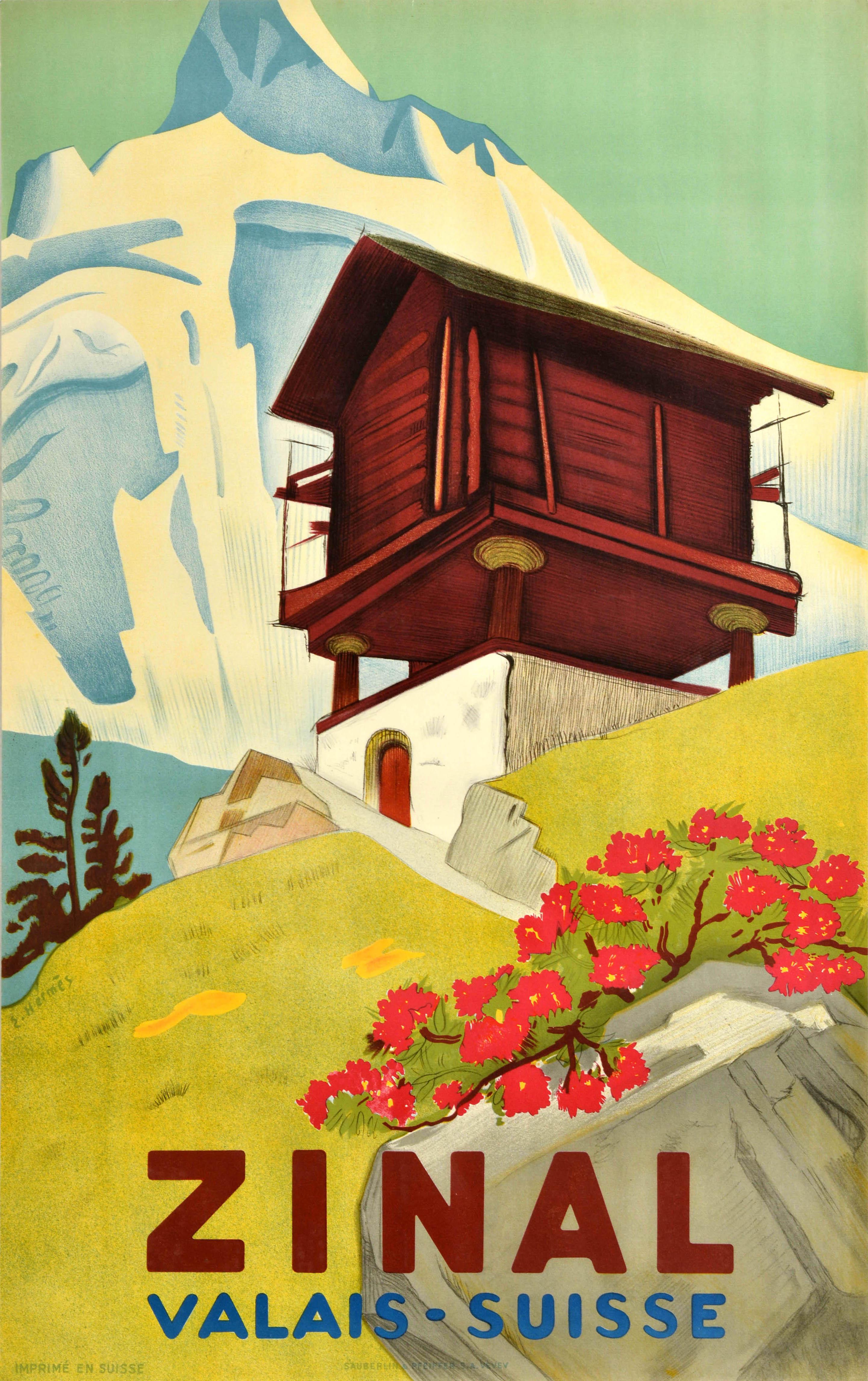 Erich Hermes Print - Original Vintage Travel Advertising Poster Zinal Valais Suisse Switzerland Swiss