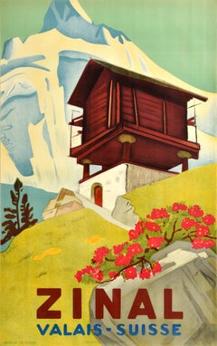 Original Vintage Travel Advertising Poster Zinal Valais Suisse Switzerland Swiss