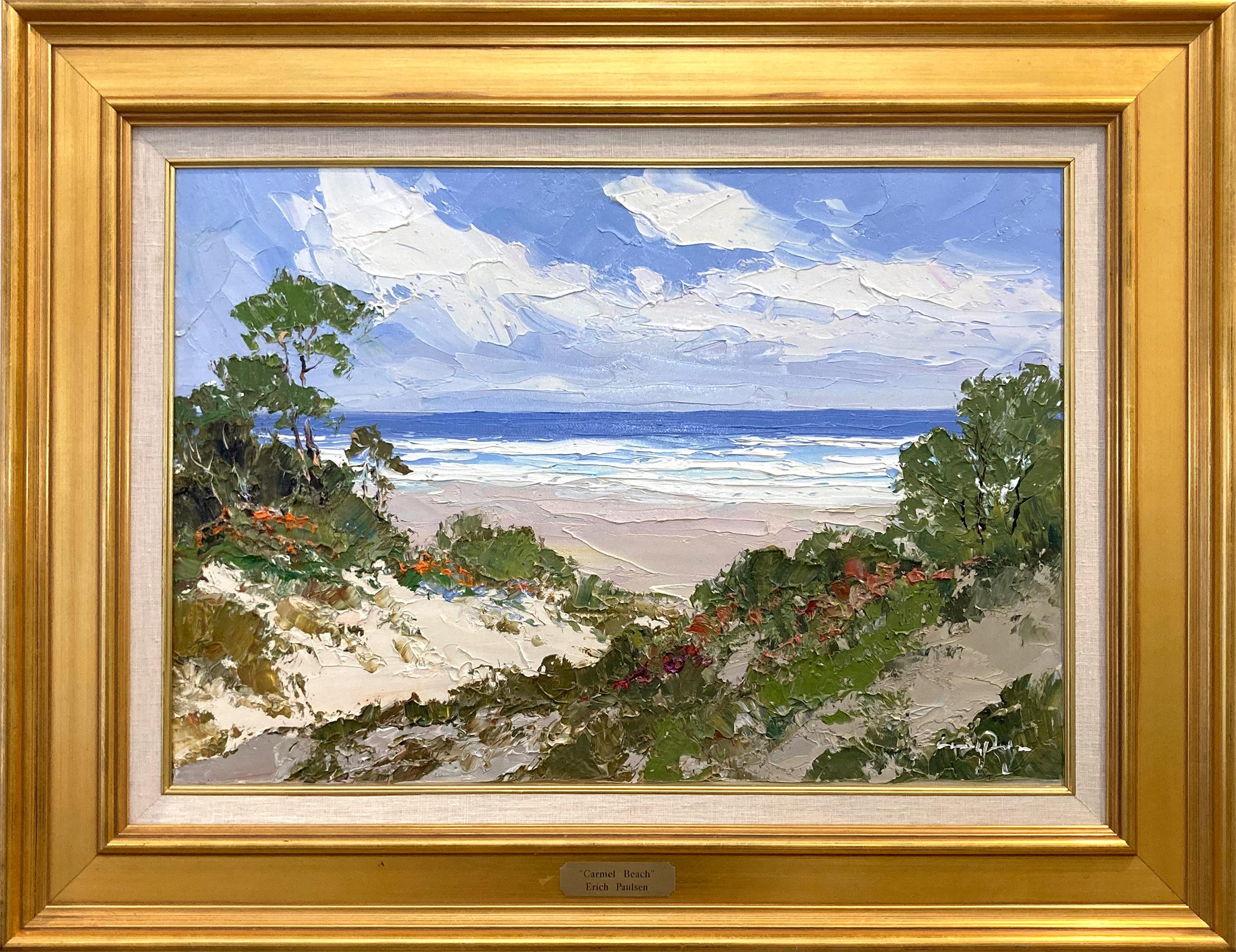 Erich Paulsen  Landscape Painting – "Carmel Beach" Bunte 20. Jahrhundert Impressionist Strand Szene Gemälde gerahmt