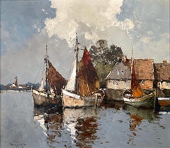 "Setting Sail" 20th Century European Impressionist Boats on Dock Painting Framed