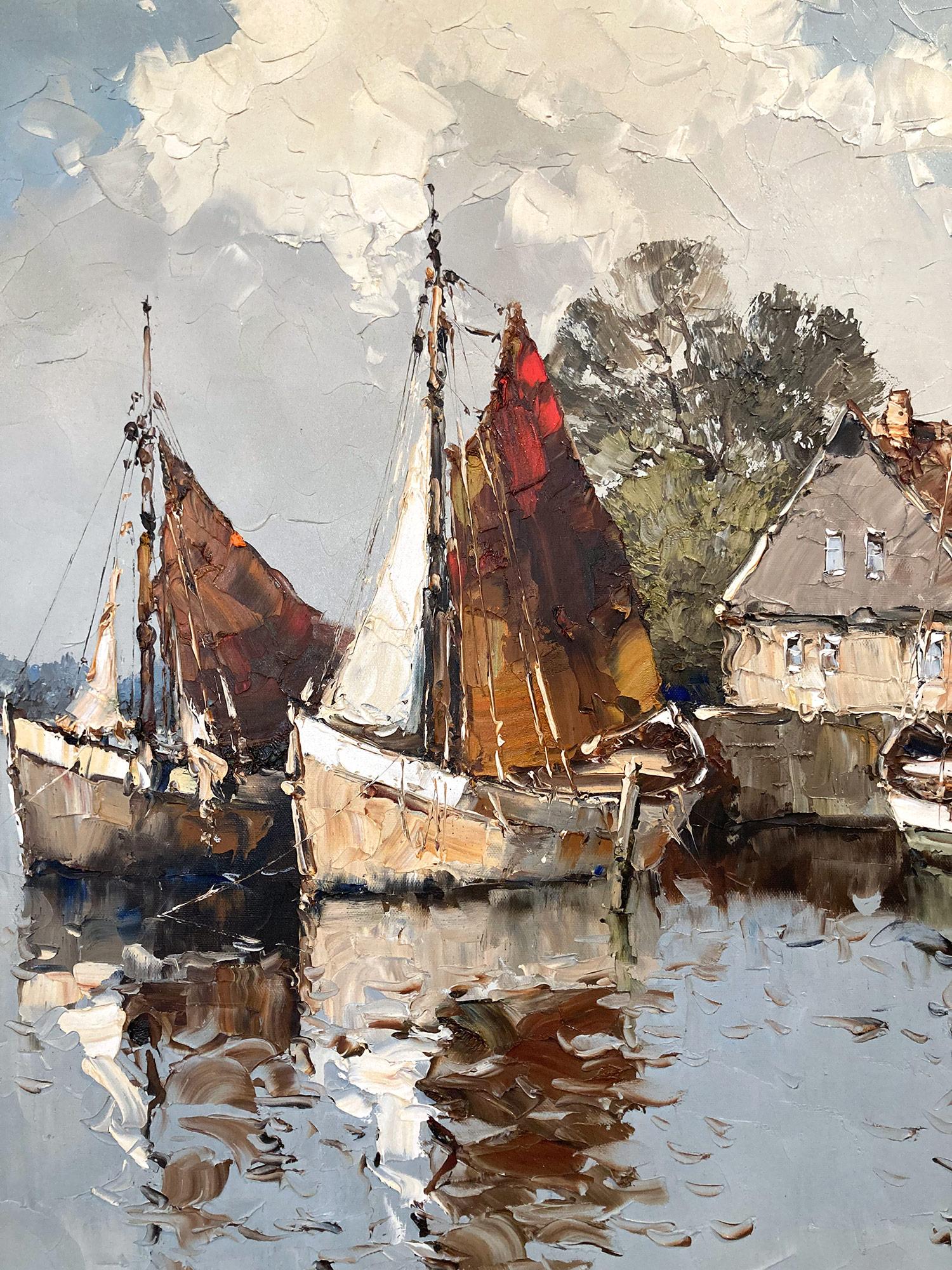 A masterful oil painting depicting a European harbor scene with the town buildings in the background and sailboats by European artist Erich Paulsen. This particular scene is a lush depiction of boats docked on the calm blue water with clouds in the