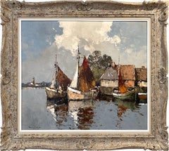 "Setting Sail" 20th Century European Impressionist Boats on Dock Painting Framed