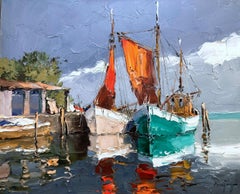 "Skies Upon the Water" European Impressionist Boats on the Dock Painting Framed