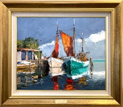 "Himmel über dem Wasser" Europäischer Impressionist Boote auf dem Dock Gemälde gerahmt