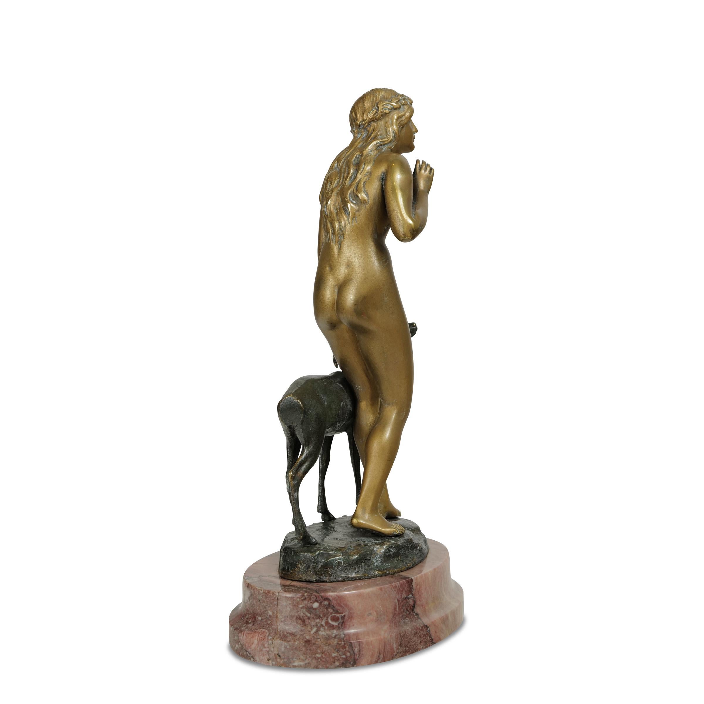 Tedesco Erich Schmidt-Kestner Ragazza in bronzo con cervo su base ovale in marmo 1910 circa in vendita