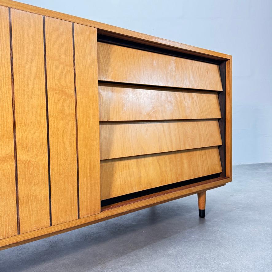 Inlay Erich Stratmann inlaid ash credenza for Oldenburger Möbel, Germany, 1950's. For Sale