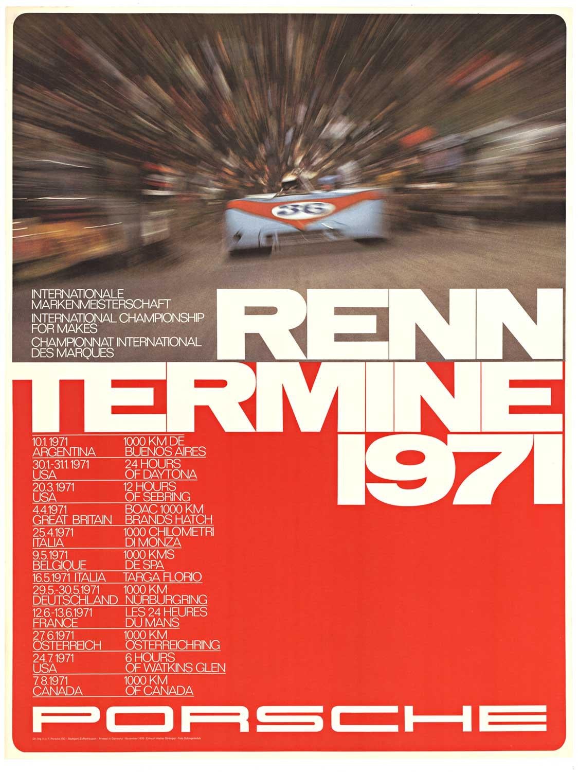 Original Porsche Renn Termine 1971 vintage factory racing poster