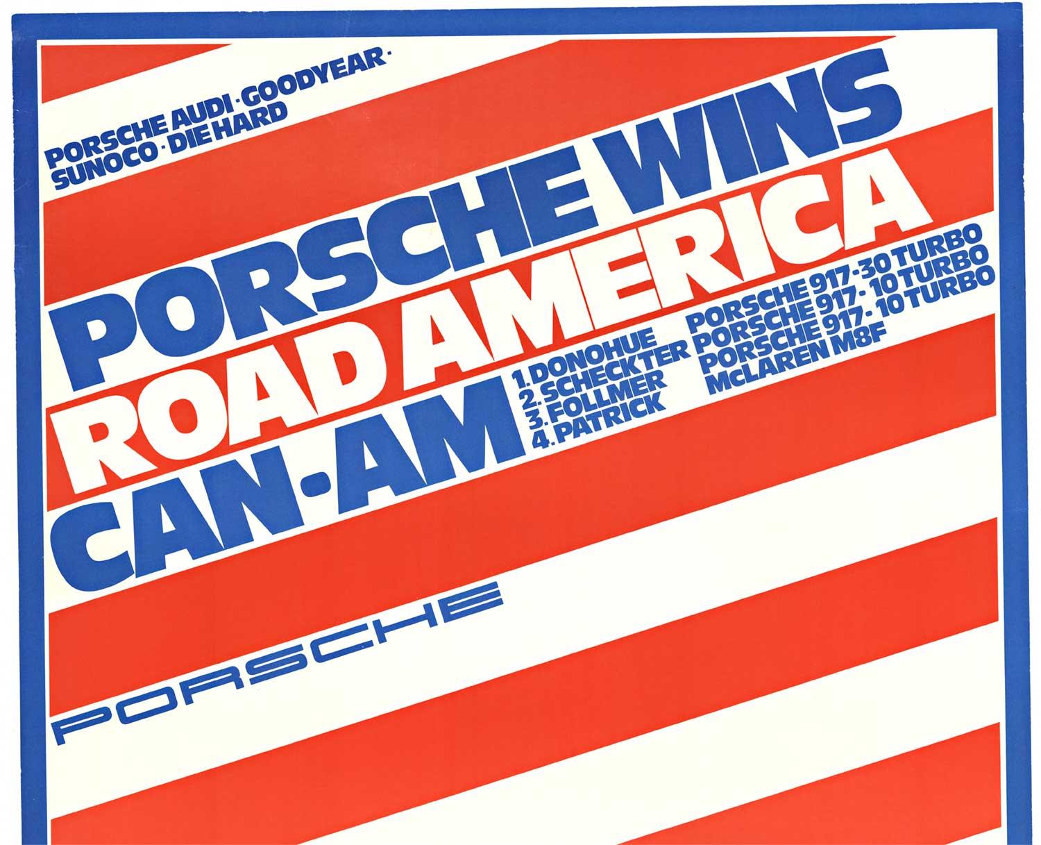 Original Porsche Wins Road America Can-Am Vintage Fabrikplakat (Blau), Print, von Erich Strenger