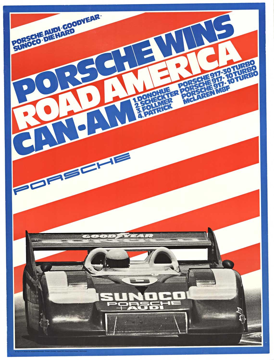 Erich Strenger Print – Original Porsche Wins Road America Can-Am Vintage Fabrikplakat