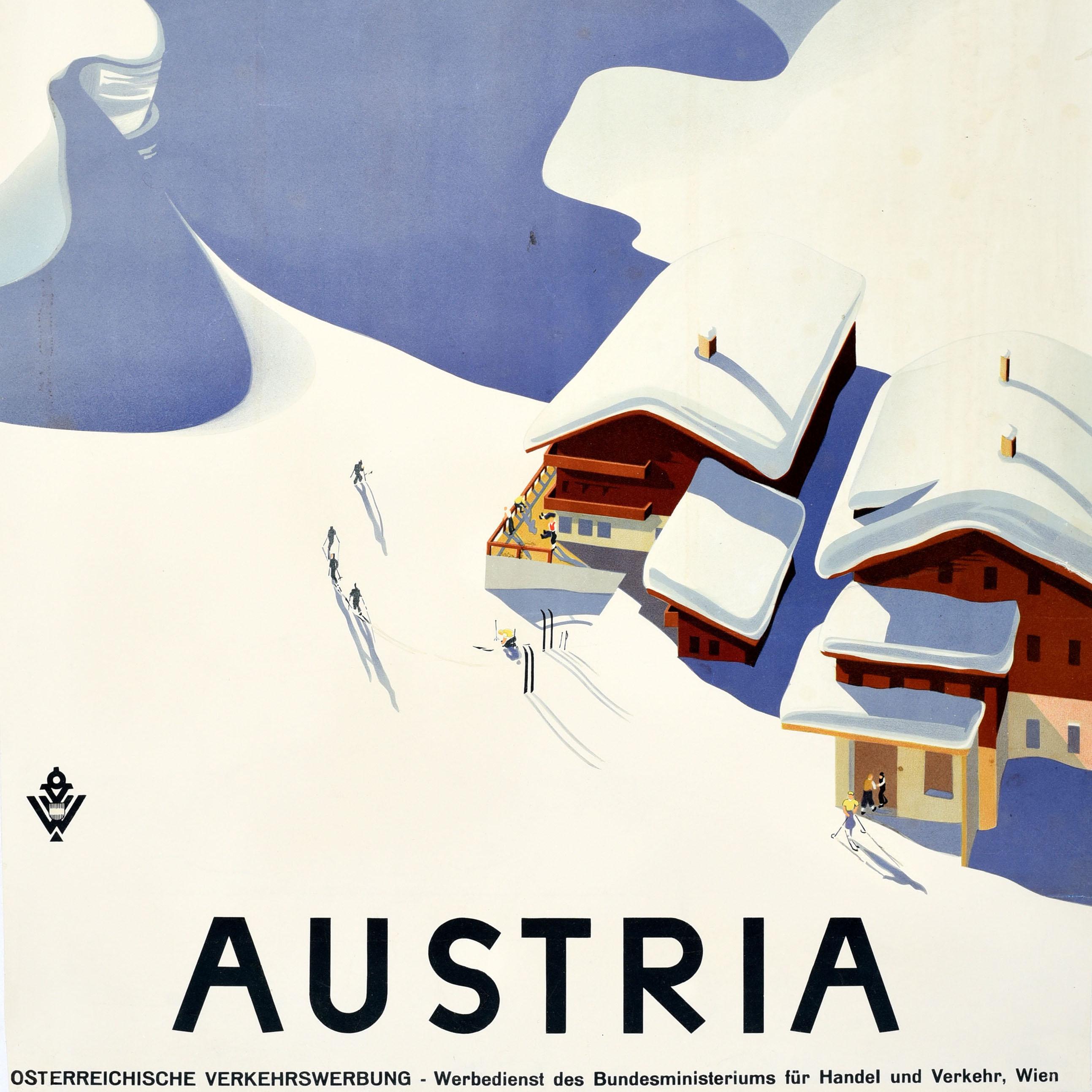 Original vintage winter sport and skiing travel poster for Austria featuring stunning artwork by Erich von Wunschheim depicting skiers on a snowy mountain next to snow topped chalets with people on the terrace and skis in the snow casting long