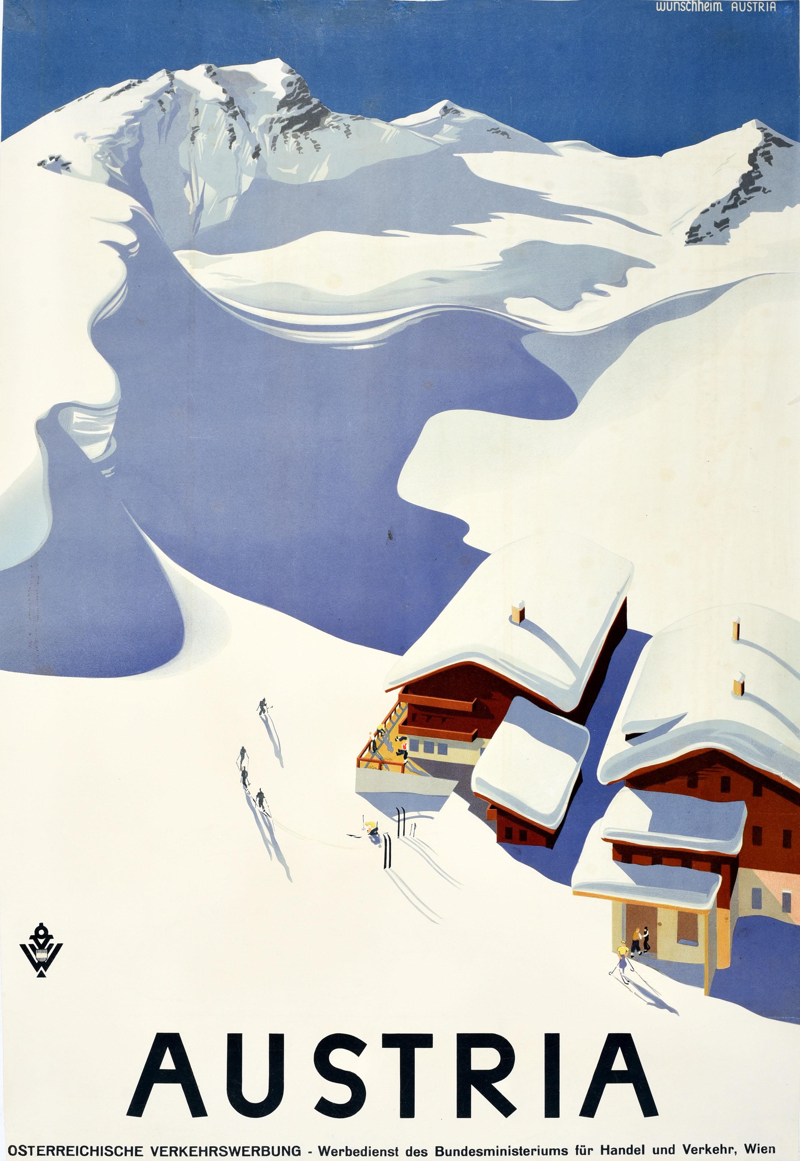 Erich von Wunschheim Print - Original Vintage Winter Sport Skiing Travel Poster Austria Ski Chalet Wunschheim