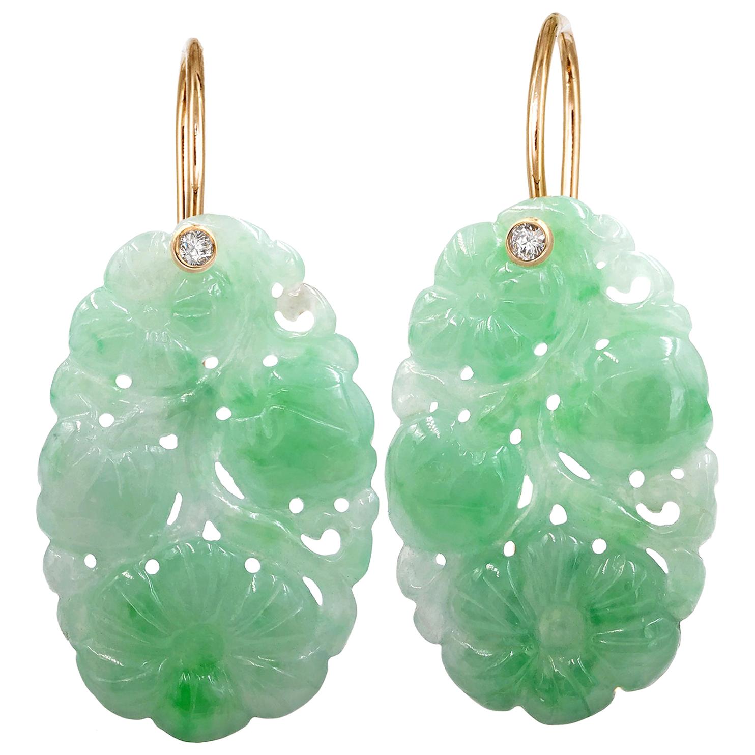 Erich Zimmermann Carved Green Jadeite White Diamond Rose Gold Drop Earrings