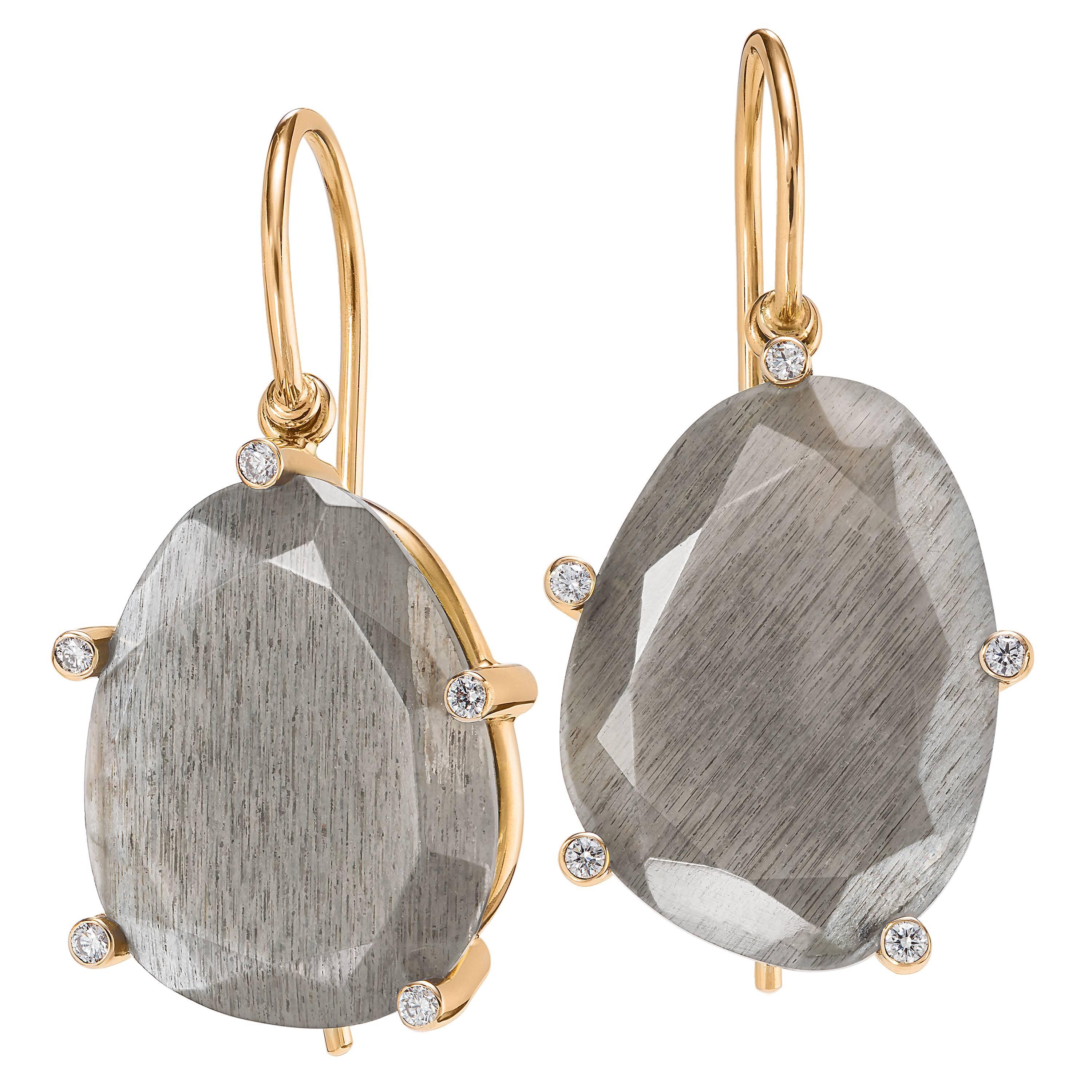 Extraordinary Glowing Moonstone White Diamond Gold Earrings, Erich Zimmermann